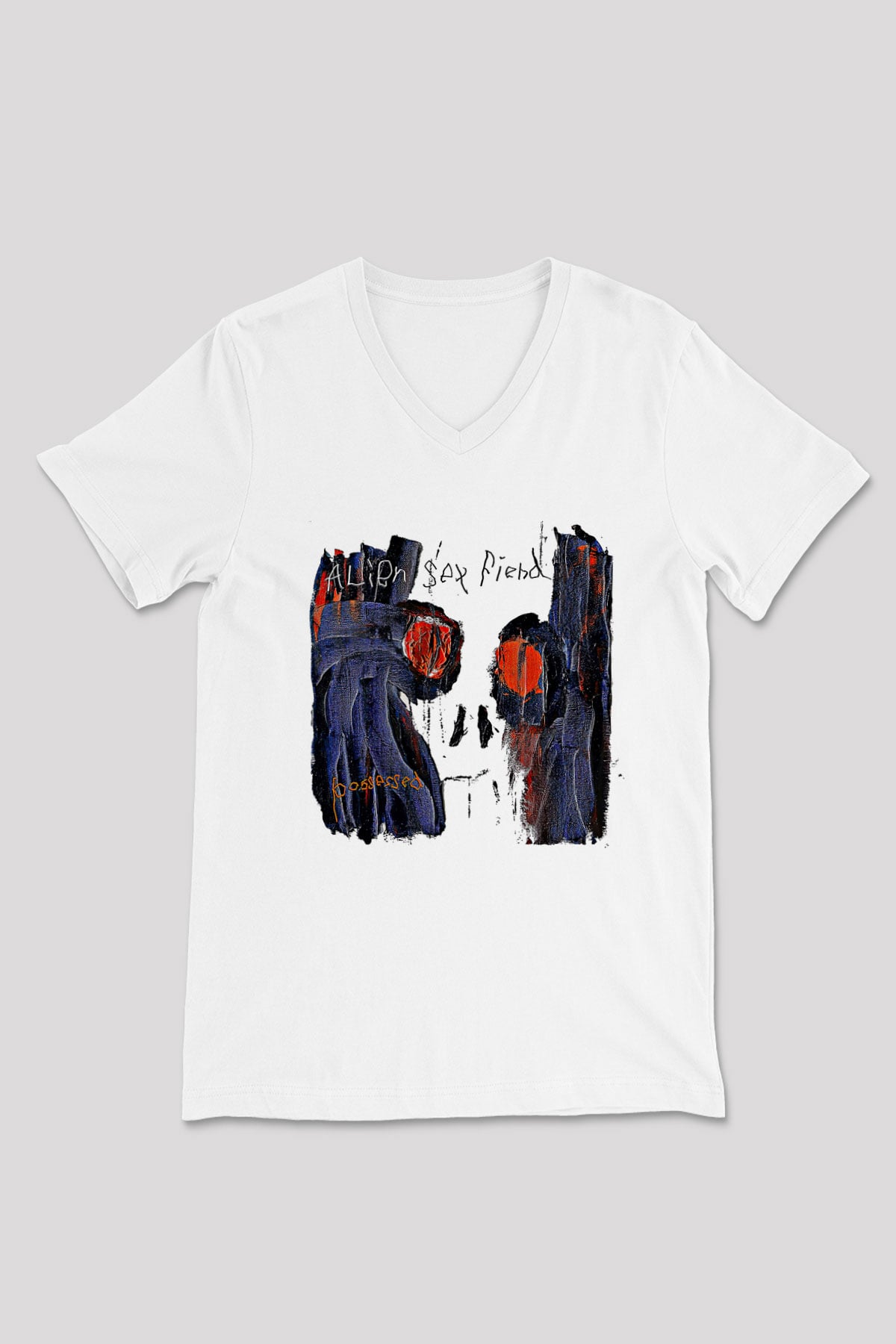 Alien Sex Fiend Baskılı Beyaz Unisex V Yaka Tişört - Tshirt