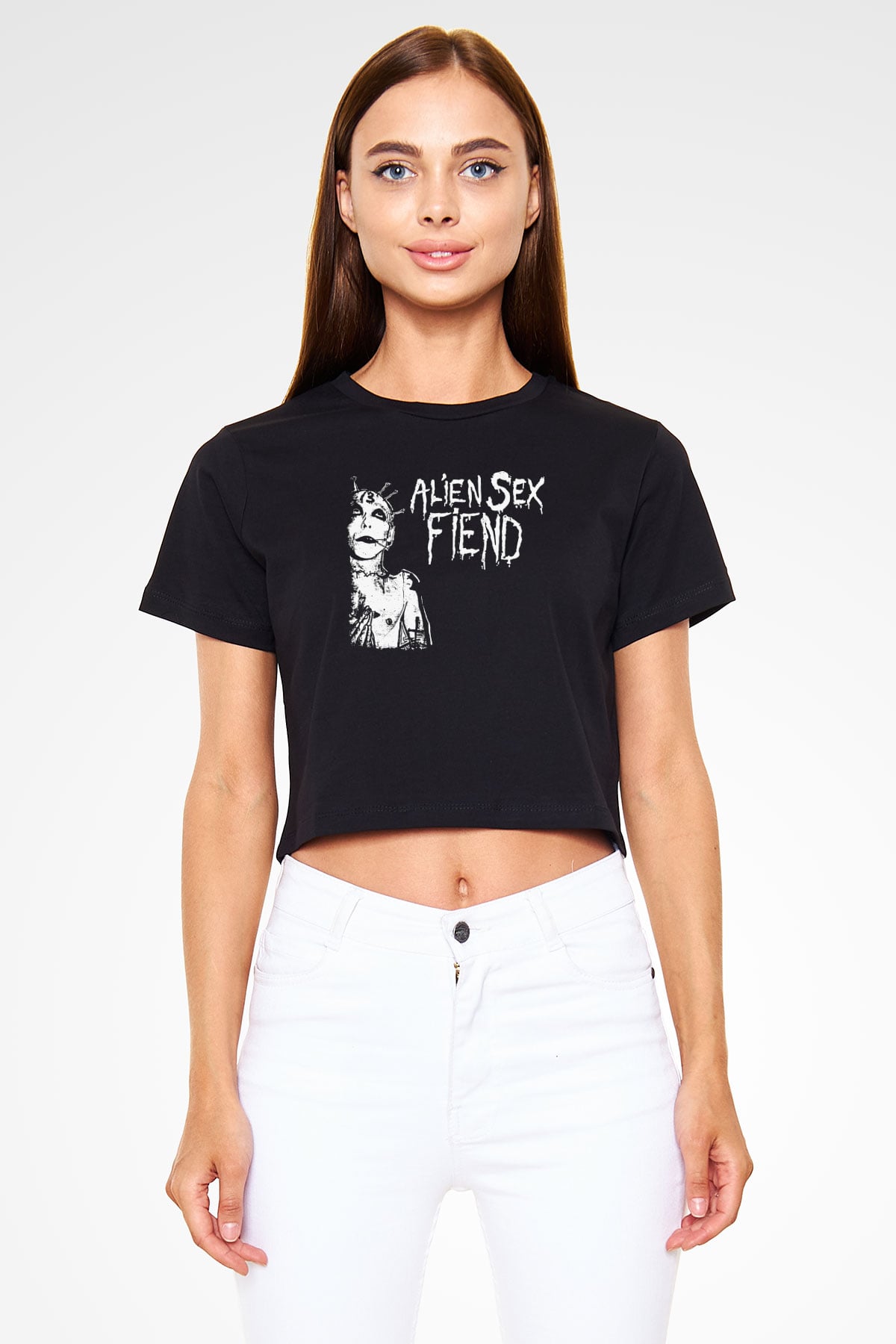 Alien Sex Fiend Baskılı Siyah Crop Top Kadın Tişört - Tshirt