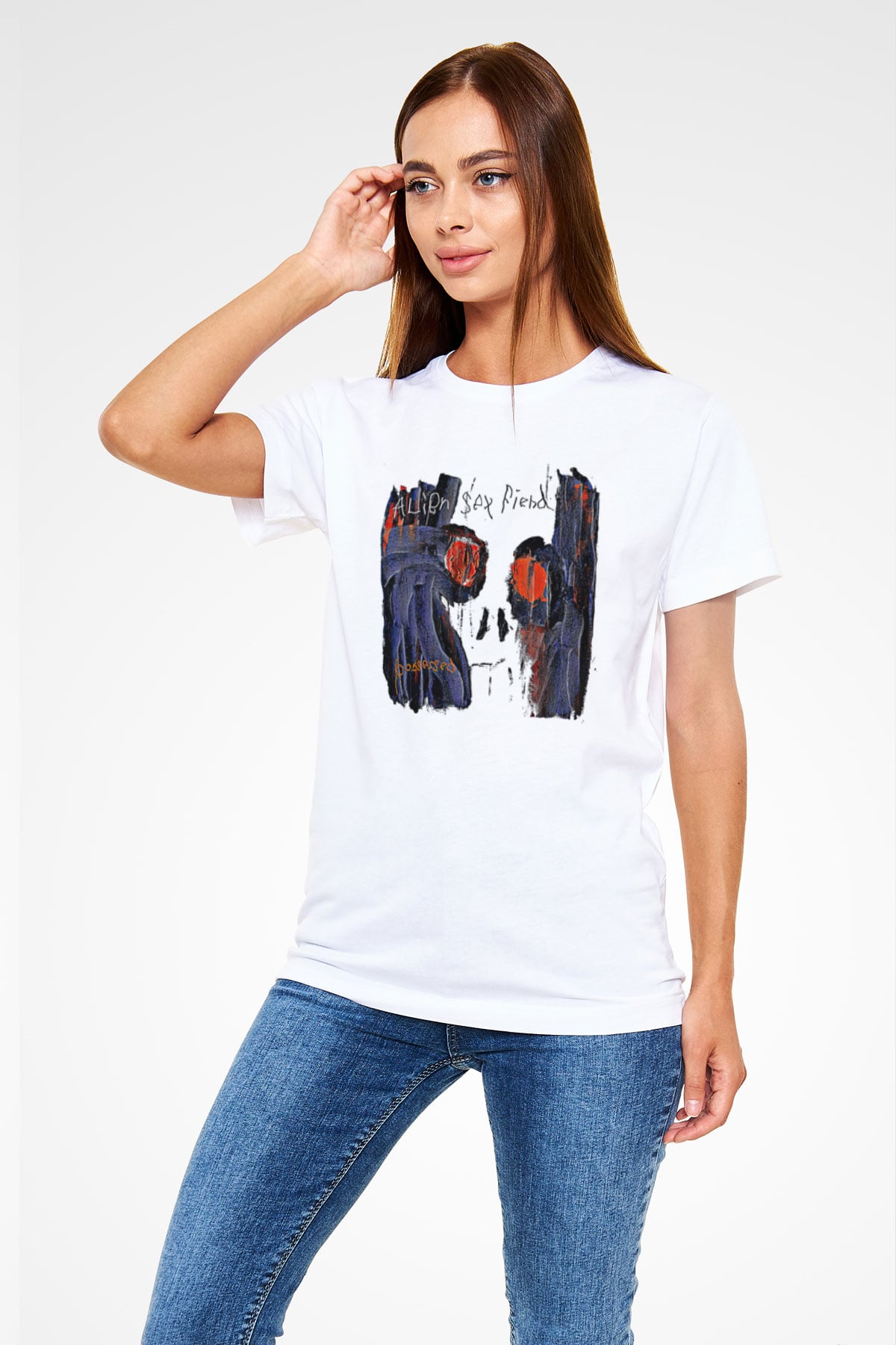 Alien Sex Fiend Baskılı Unisex Beyaz Tişört - Tshirt