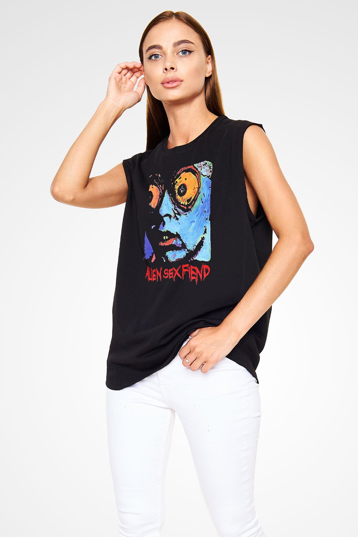 Alien Sex Fiend Baskılı Unisex Siyah Kolsuz Tişört - Tshirt