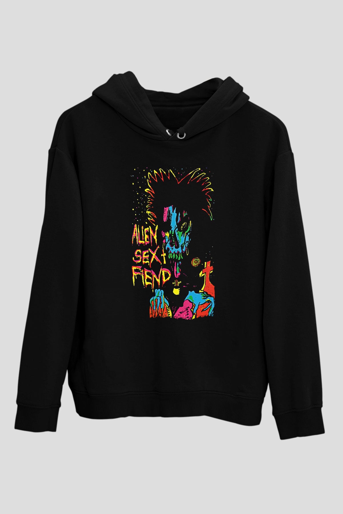 Alien Sex Fiend Baskılı Unisex Siyah Kapüşonlu Sweatshirt