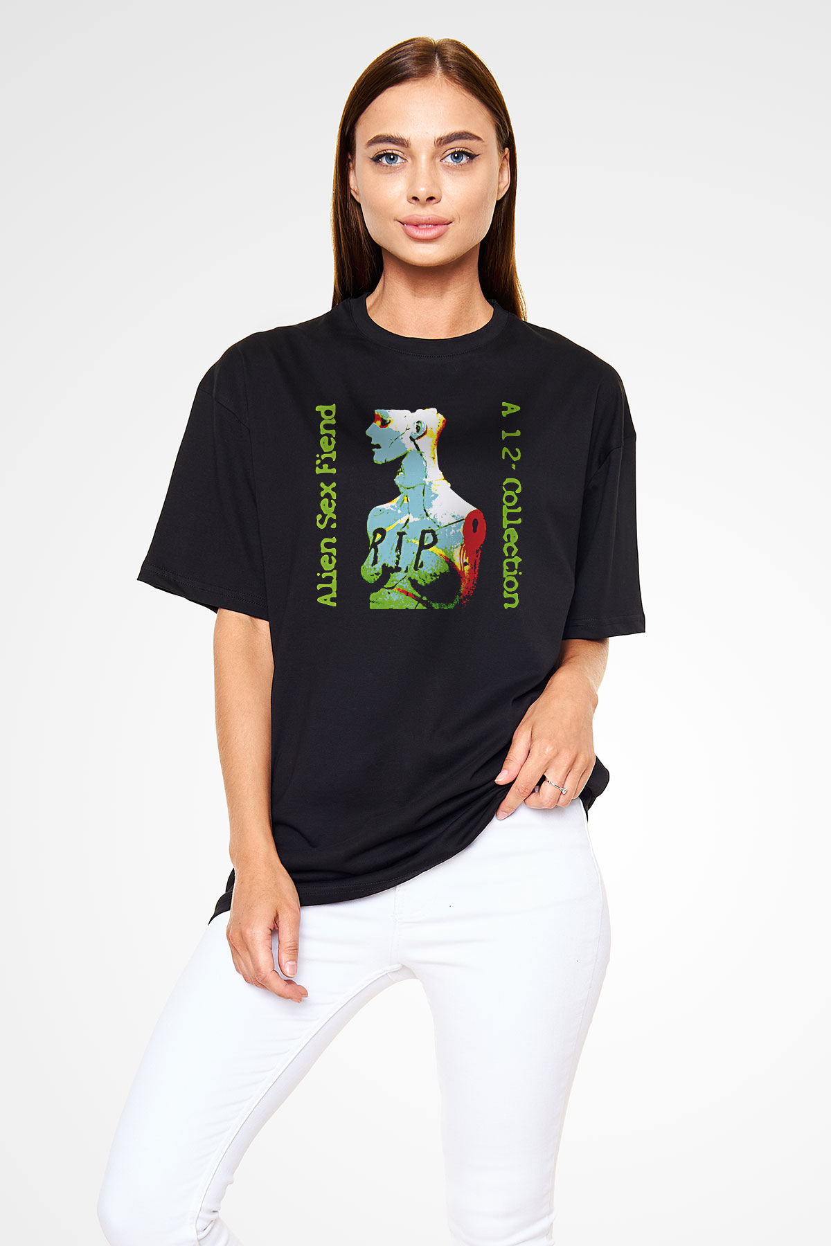 Alien Sex Fiend Baskılı Unisex Siyah Oversize Tişört - Tshirt