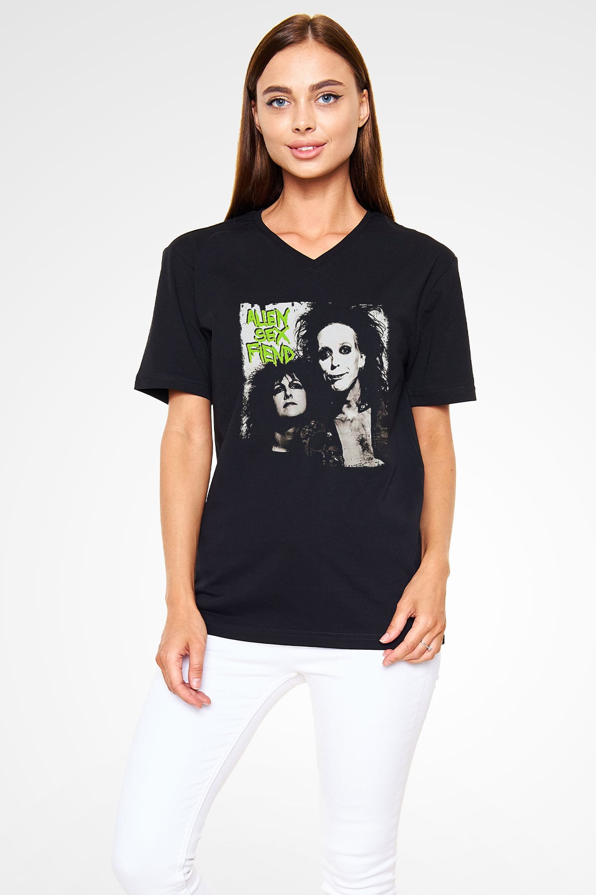 Alien Sex Fiend Baskılı Unisex Siyah V Yaka Tişört - Tshirt