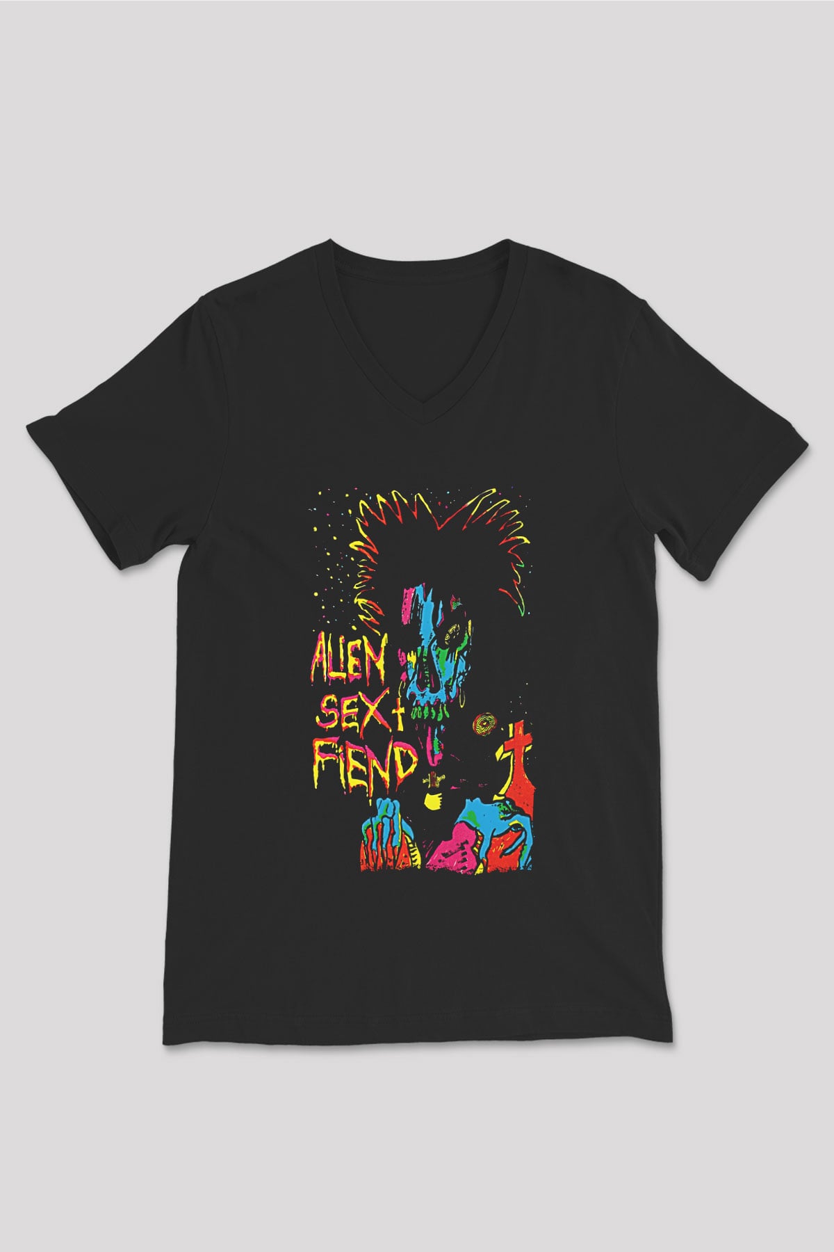 Alien Sex Fiend Baskılı Unisex Siyah V Yaka Tişört - Tshirt