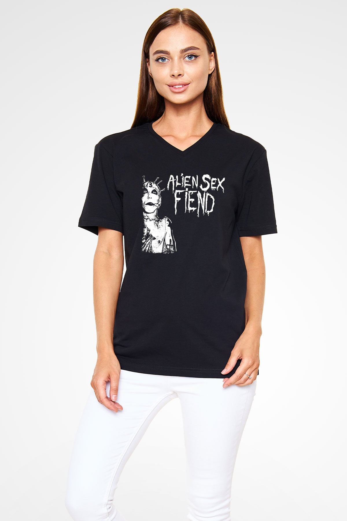 Alien Sex Fiend Baskılı Unisex Siyah V Yaka Tişört - Tshirt
