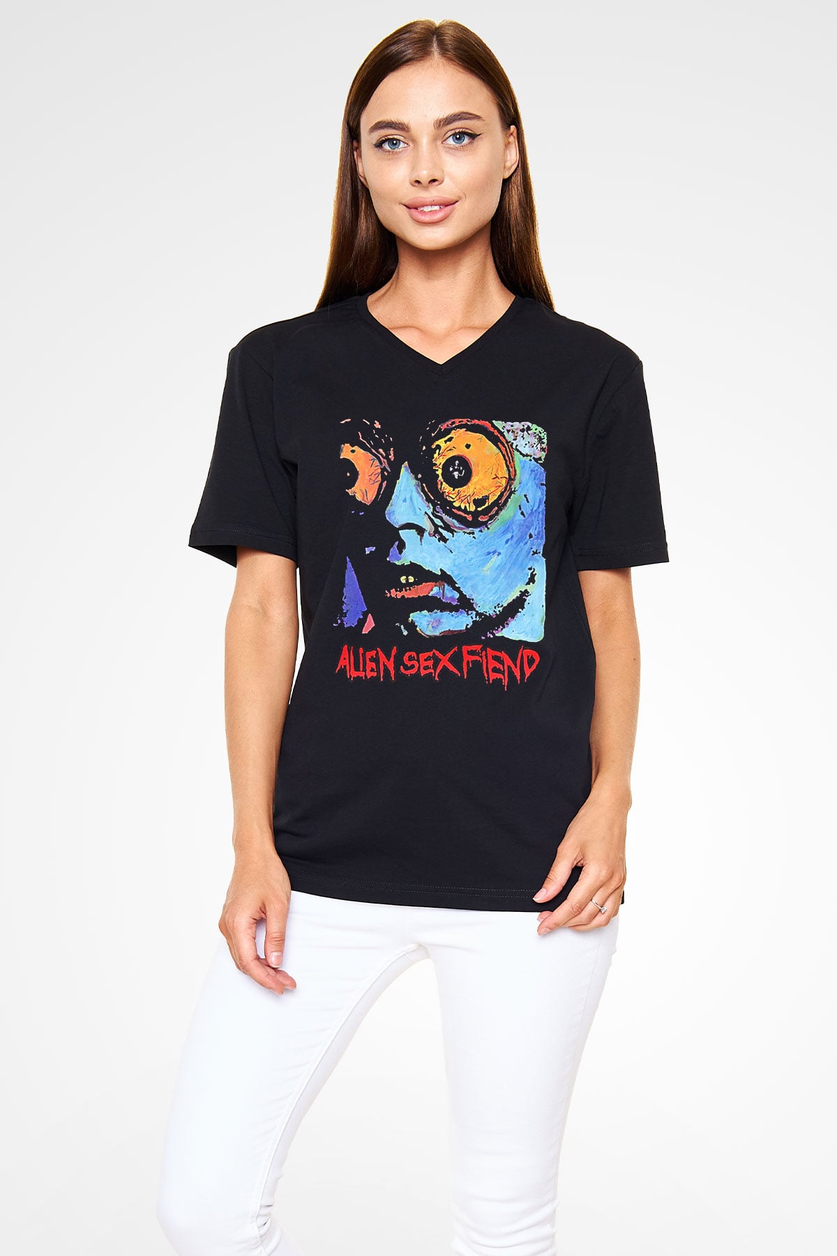 Alien Sex Fiend Baskılı Unisex Siyah V Yaka Tişört - Tshirt
