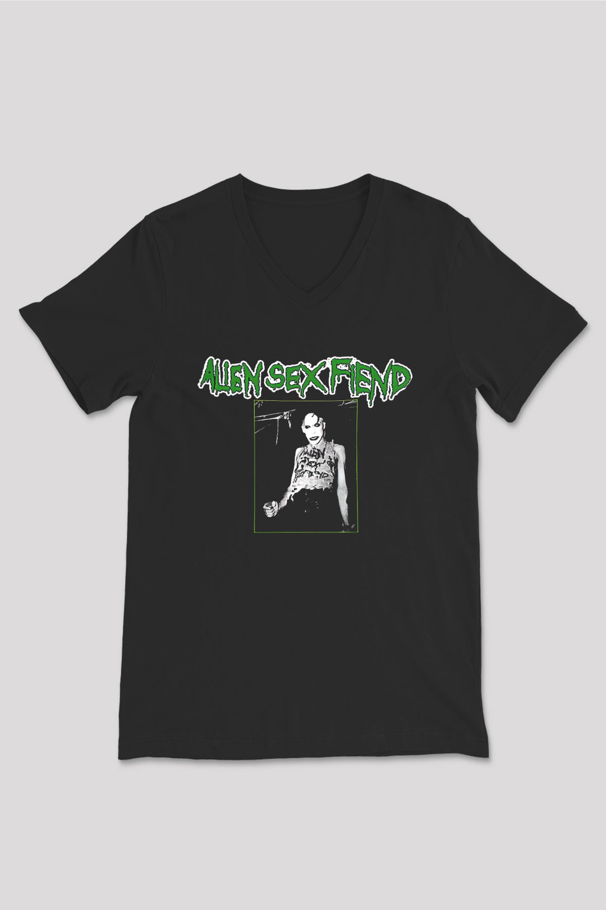 Alien Sex Fiend Baskılı Unisex Siyah V Yaka Tişört - Tshirt