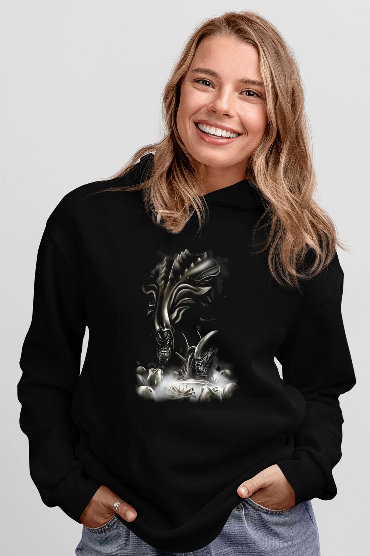 Alien Siyah Unisex Kapşonlu Sweatshirt