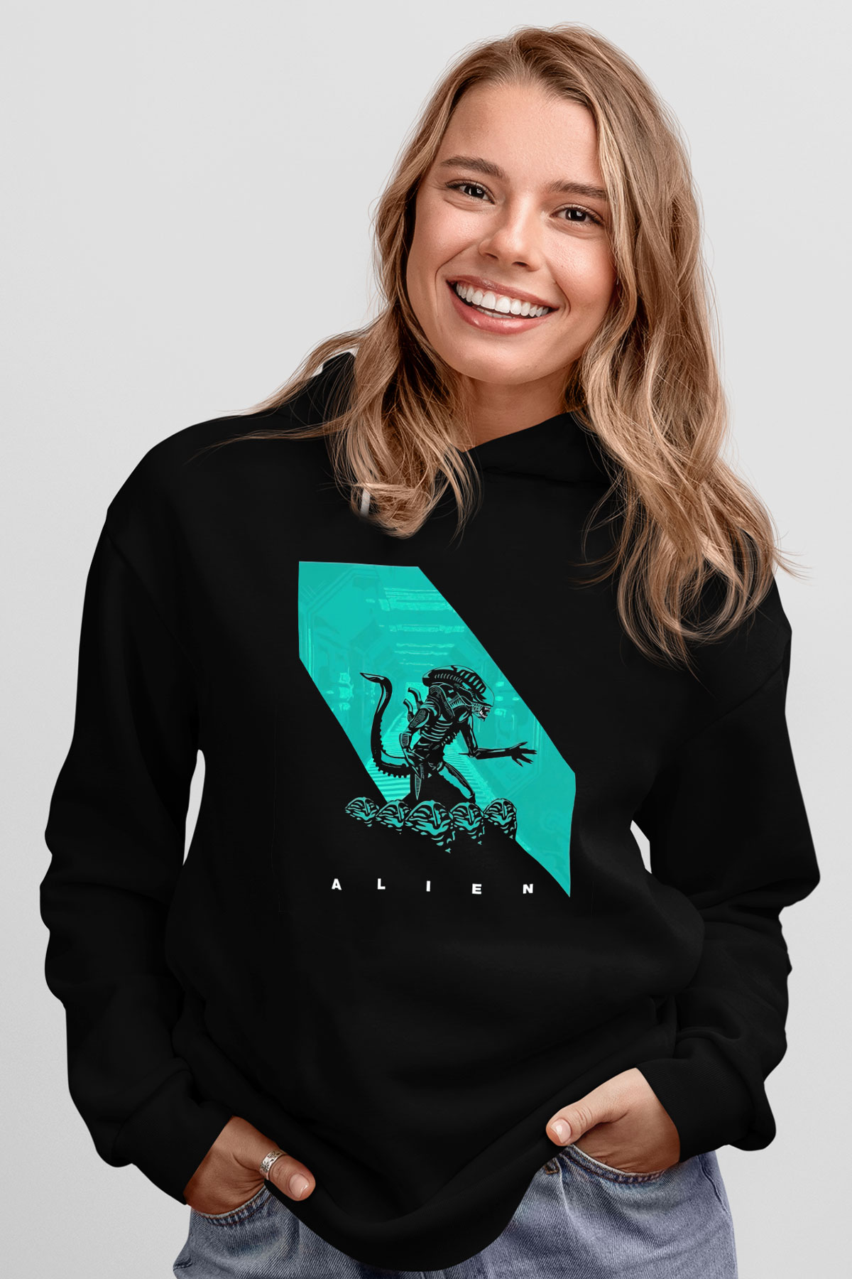 Alien Siyah Unisex Kapüşonlu Sweatshirt