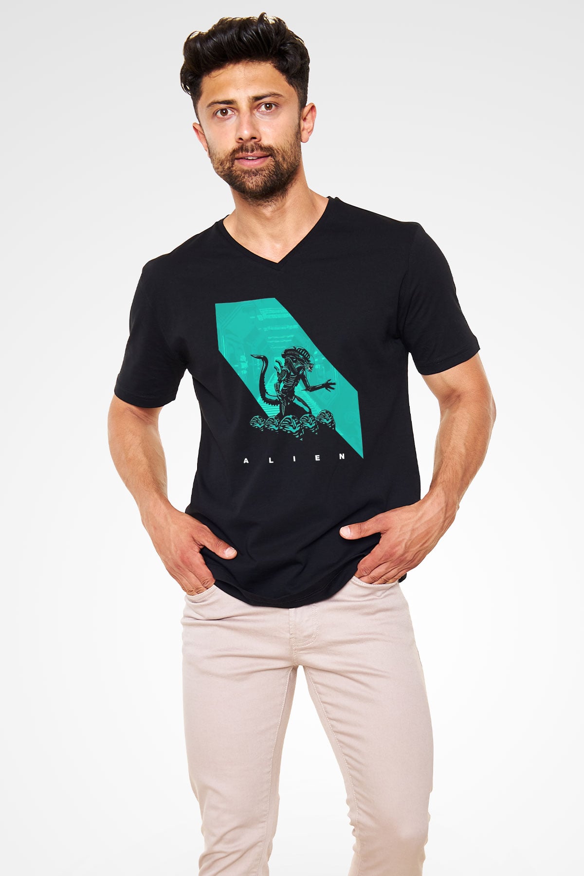 Alien Siyah Unisex V Yaka Tişört