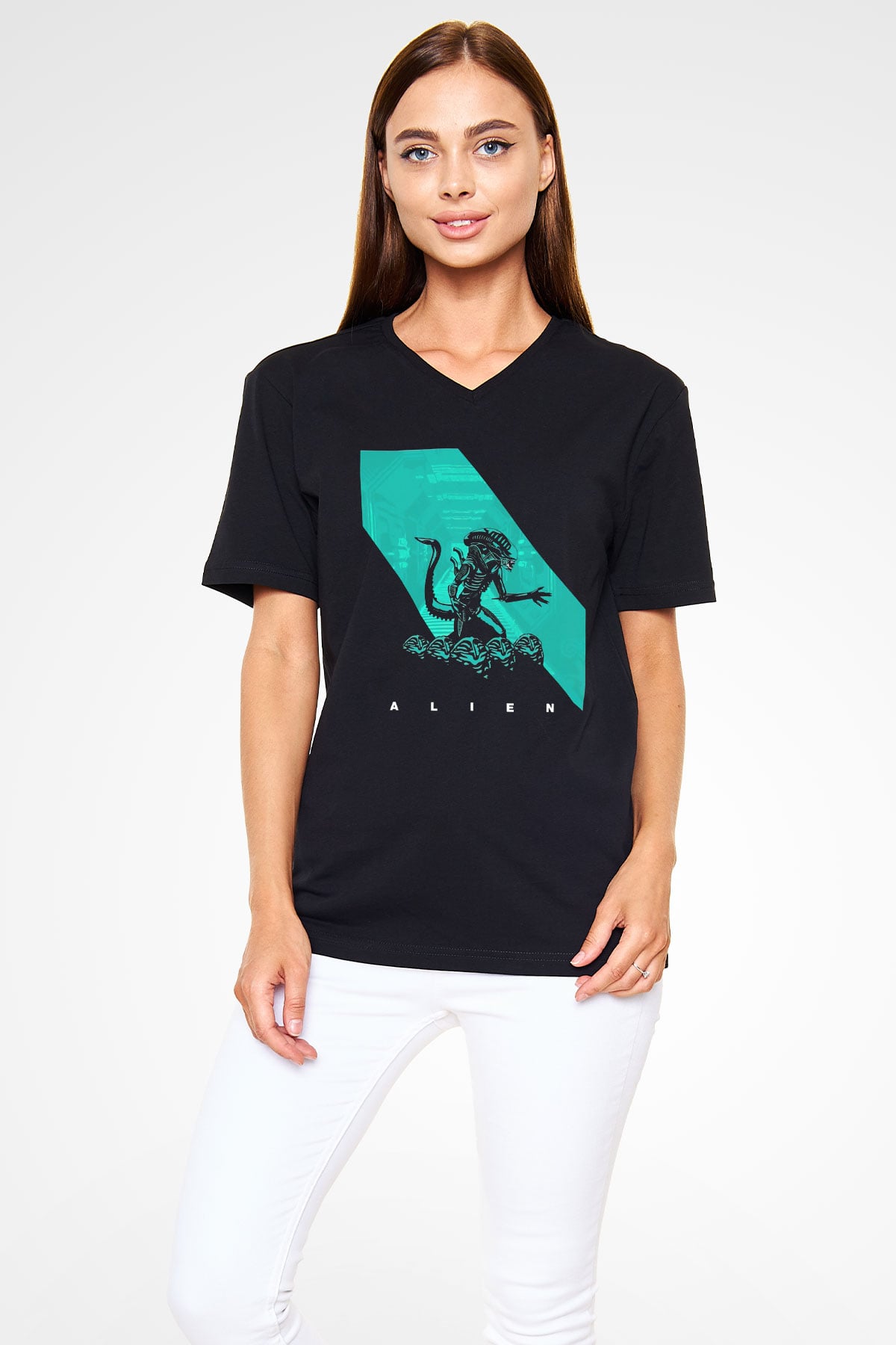 Alien Siyah Unisex V Yaka Tişört