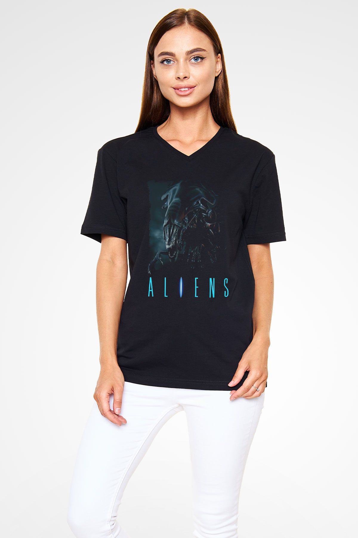 Alien Siyah Unisex V Yaka Tişört
