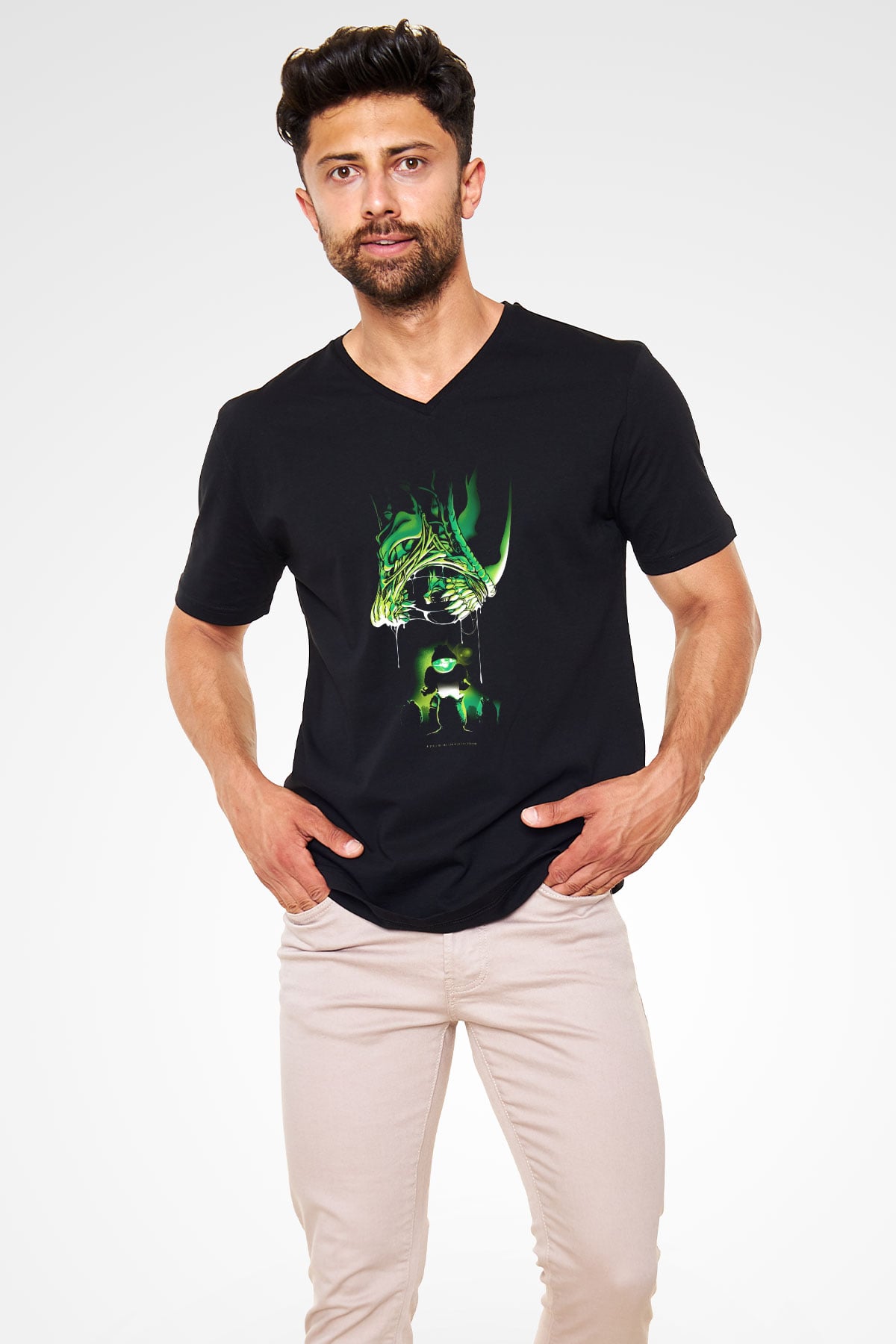 Alien Siyah Unisex V Yaka Tişört T-Shirt