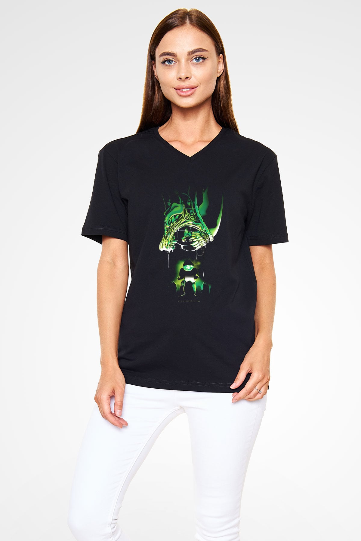 Alien Siyah Unisex V Yaka Tişört T-Shirt