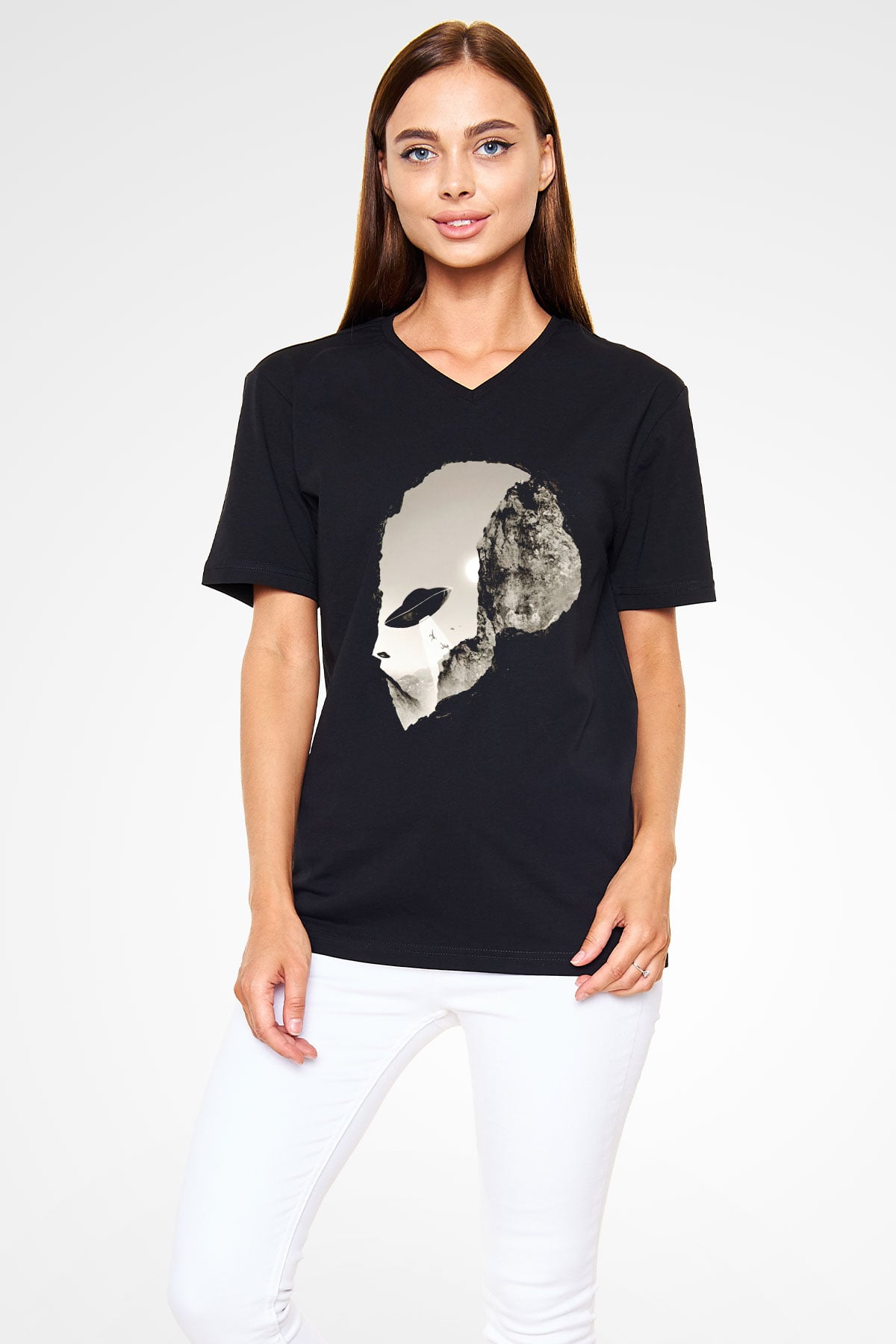 Alien Siyah Unisex V Yaka Tişört T-Shirt