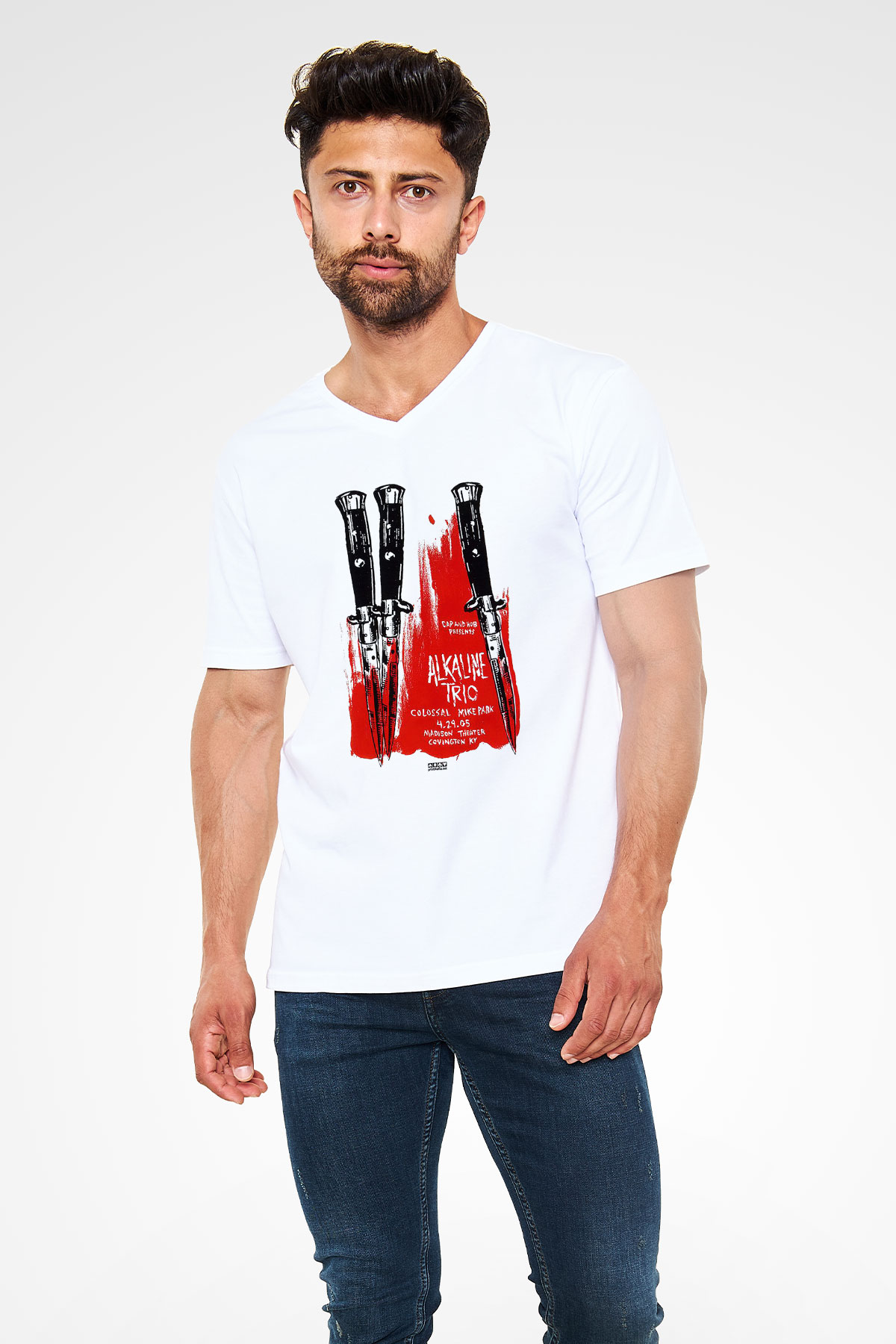 Alkaline Trio Beyaz Unisex V Yaka Tişört T-Shirt