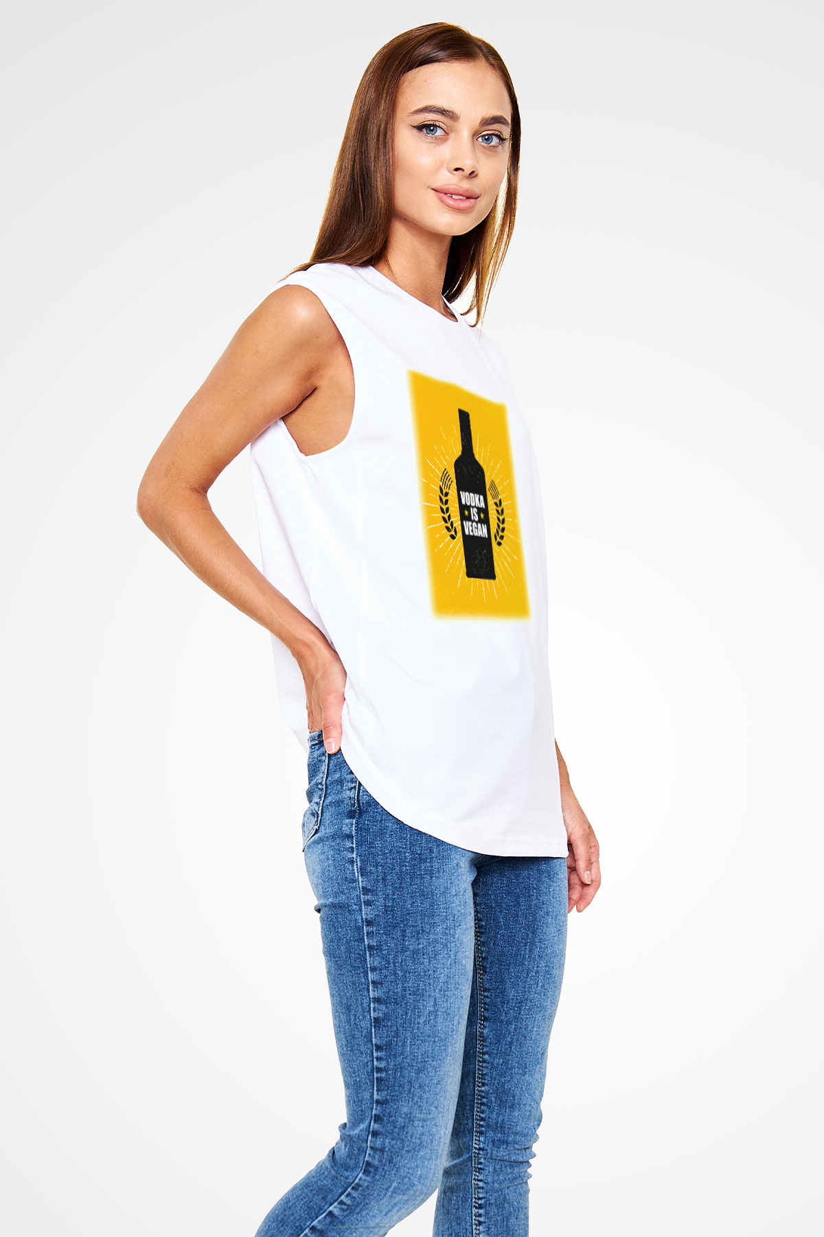 Alkol Beyaz Unisex Kolsuz Tişört