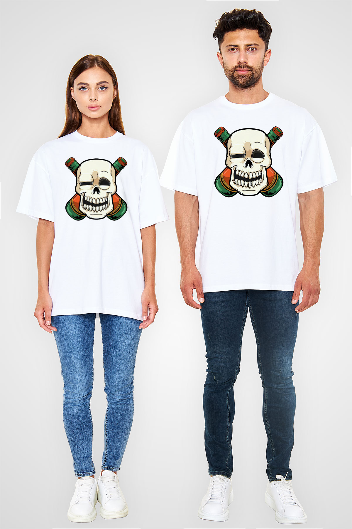 Alkolik Kuru Kafa Baskılı Unisex Beyaz Tişört