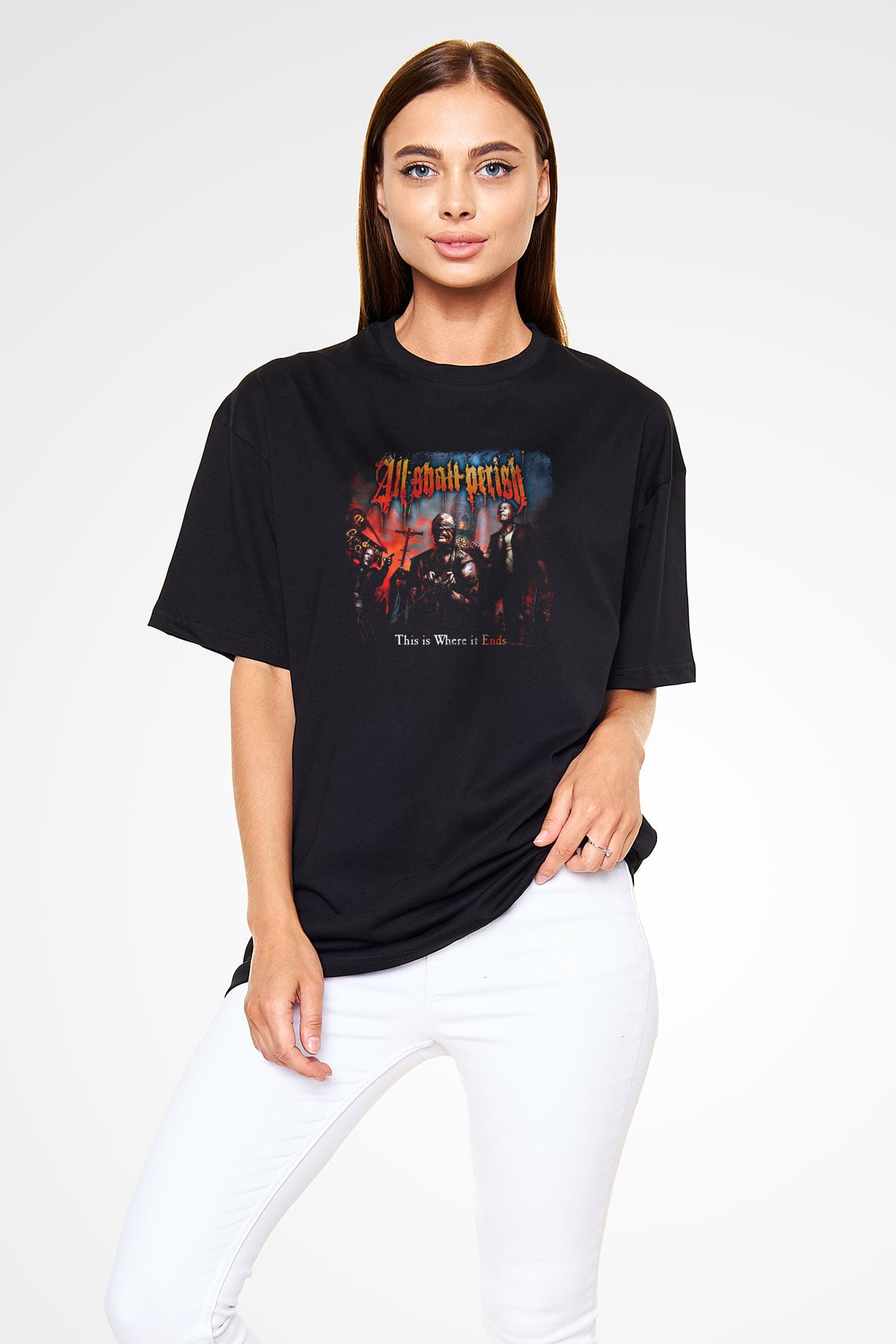 All Shall Perish Baskılı Unisex Siyah Oversize Tişört