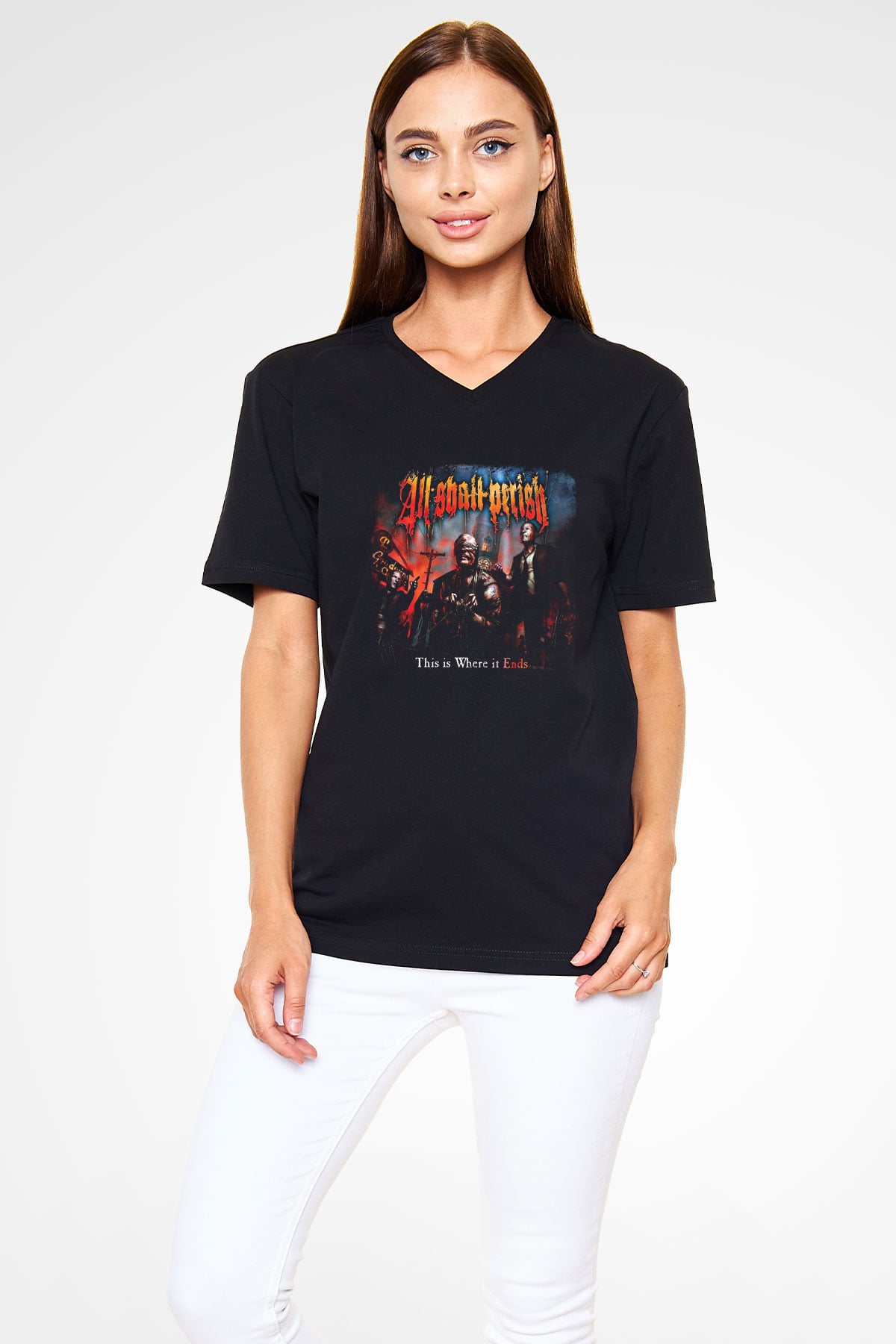 All Shall Perish Baskılı Unisex Siyah V Yaka Tişört