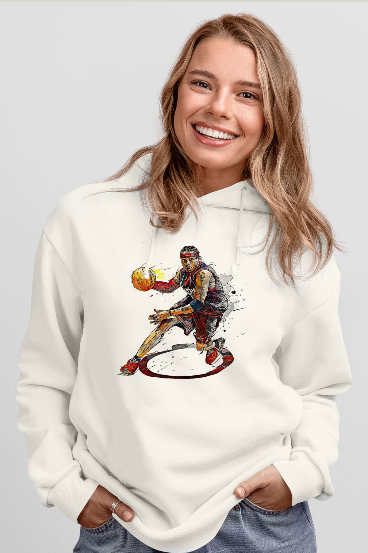 Allen Iverson Baskılı Beyaz Unisex Kapüşonlu Sweatshirt