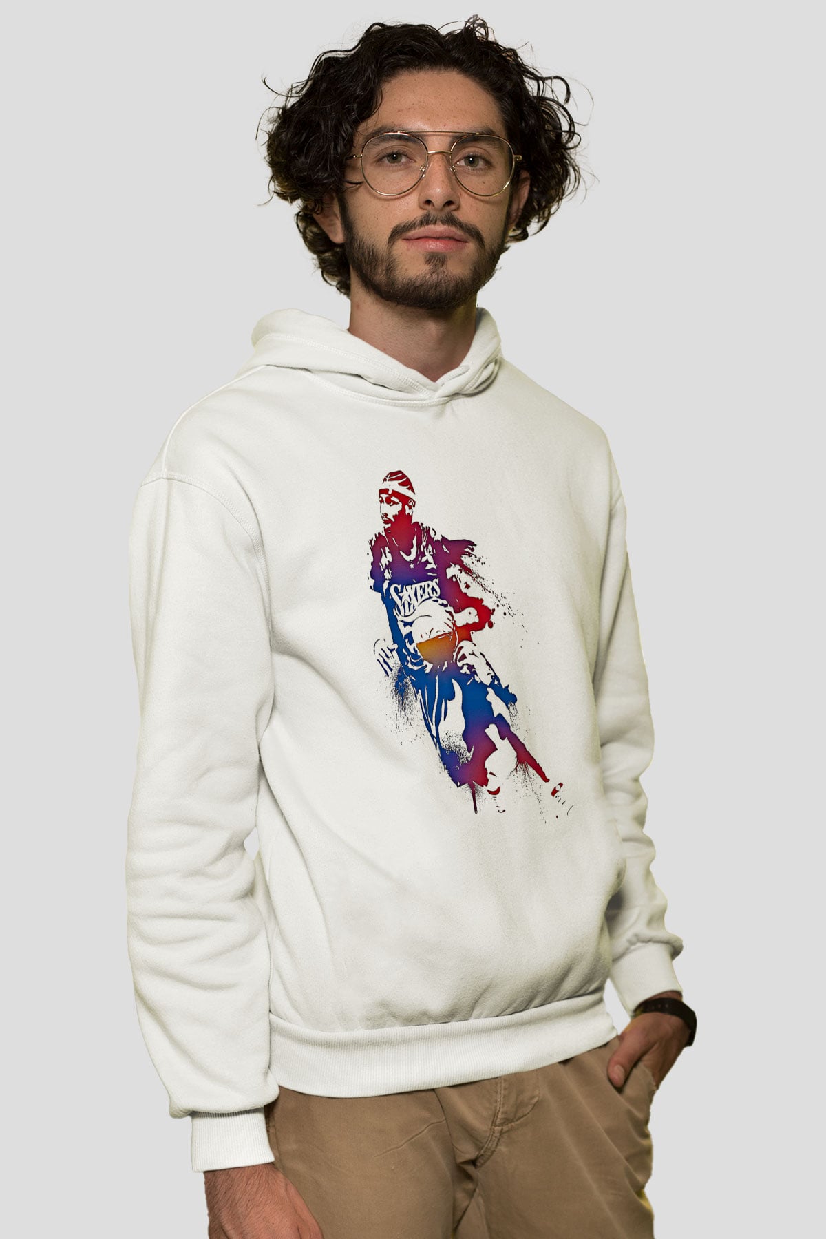Allen Iverson Baskılı Beyaz Unisex Kapüşonlu Sweatshirt