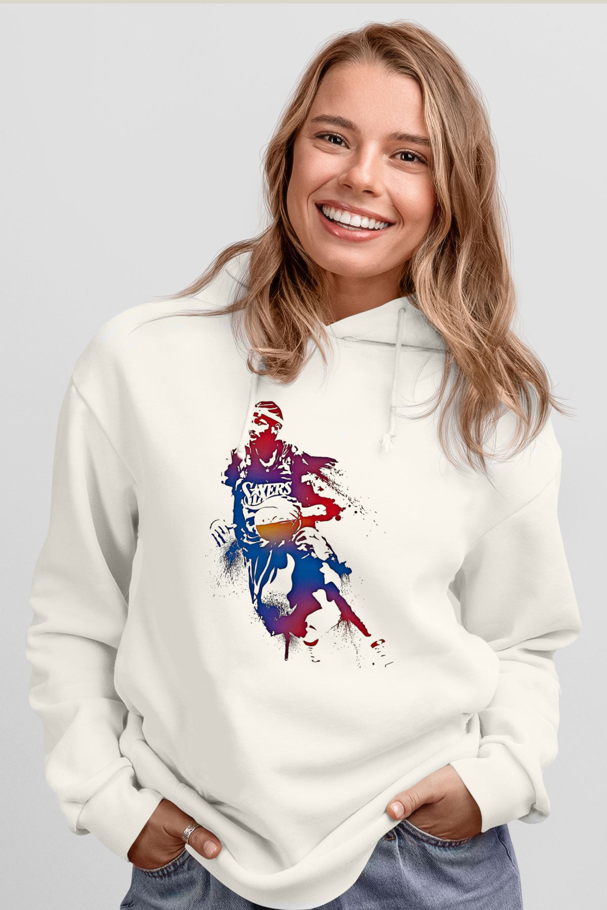 Allen Iverson Baskılı Beyaz Unisex Kapüşonlu Sweatshirt
