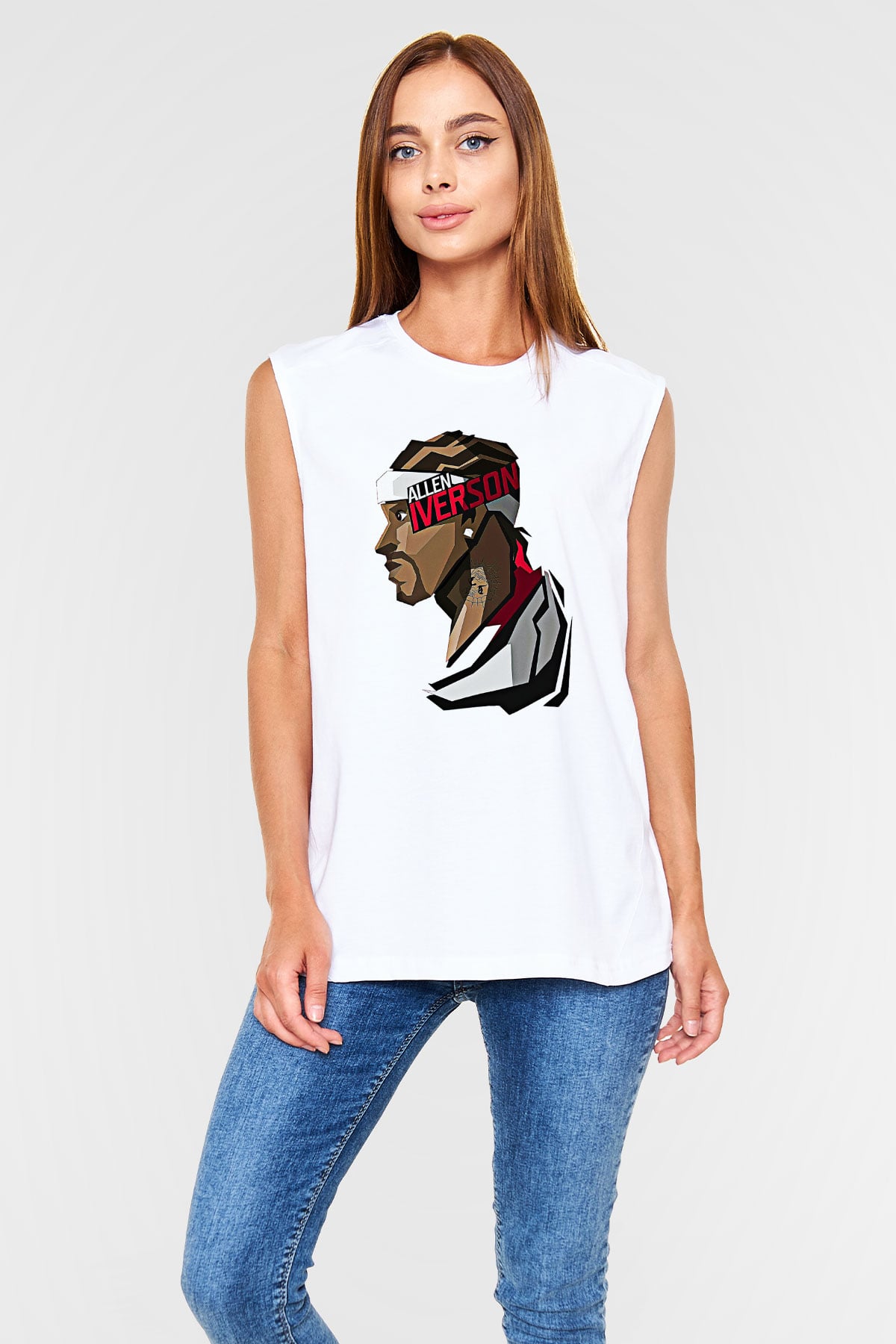 Allen Iverson Baskılı Beyaz Unisex Kolsuz Tişört - Tshirt