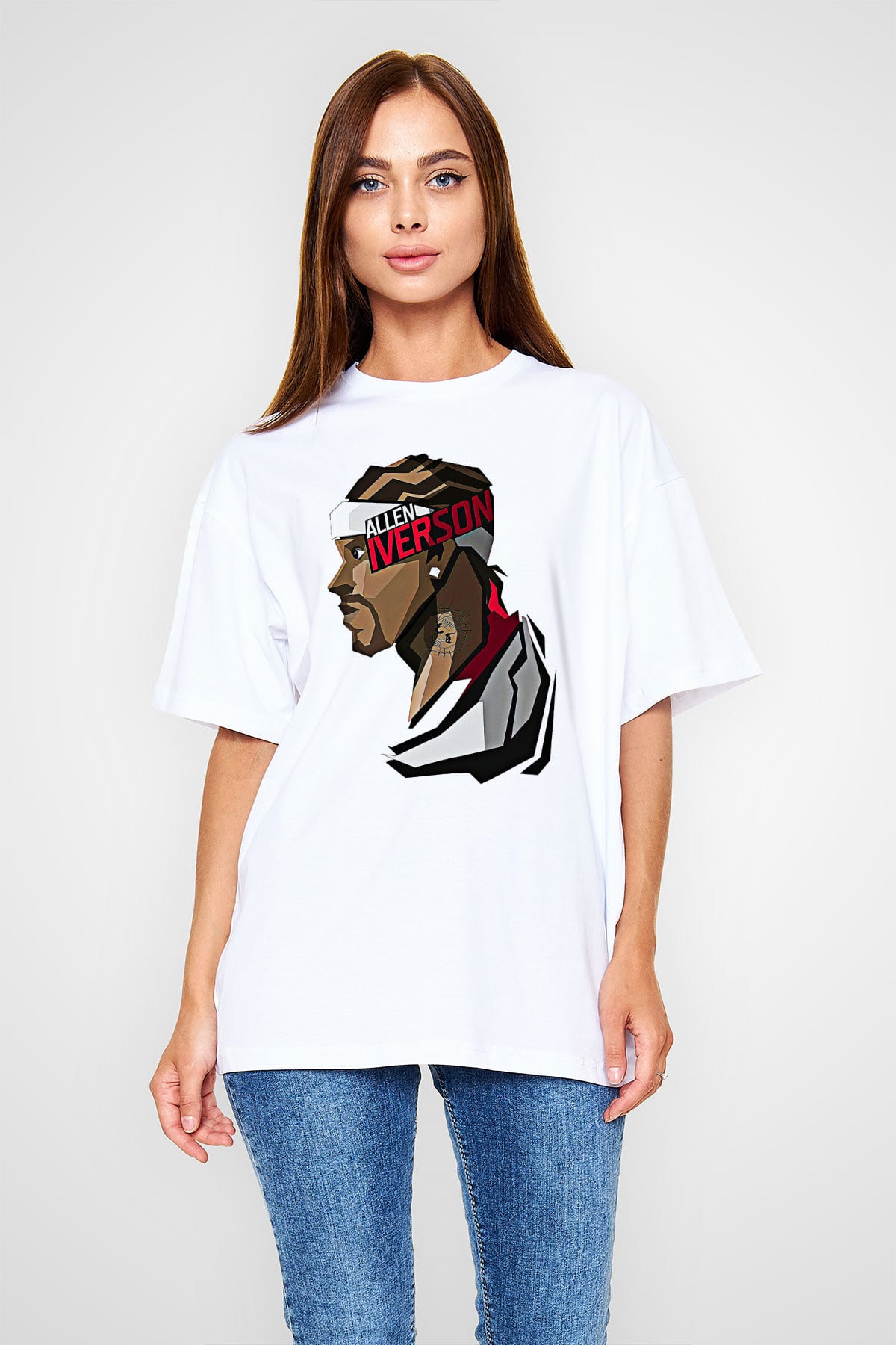 Allen Iverson Baskılı Beyaz Unisex Oversize Tişört - Tshirt