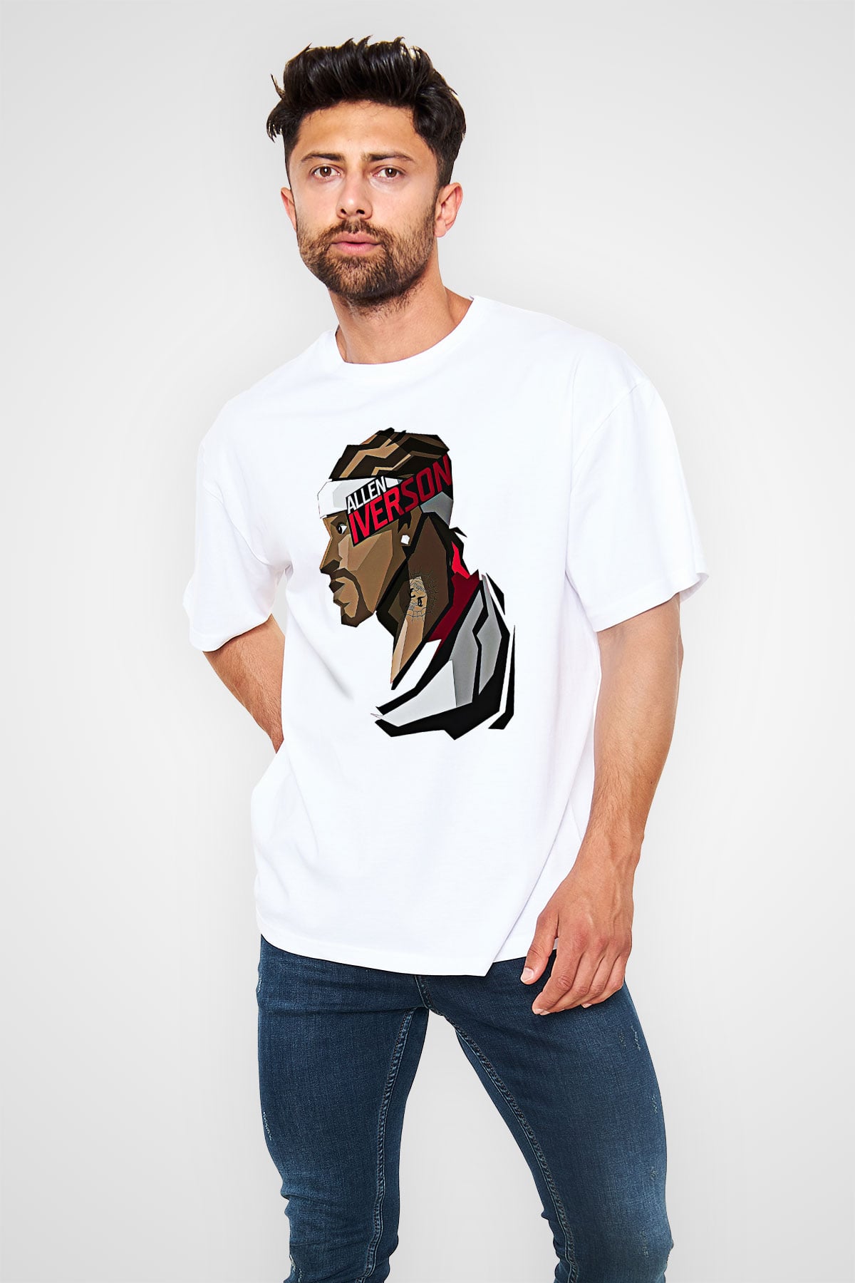 Allen Iverson Baskılı Beyaz Unisex Oversize Tişört - Tshirt