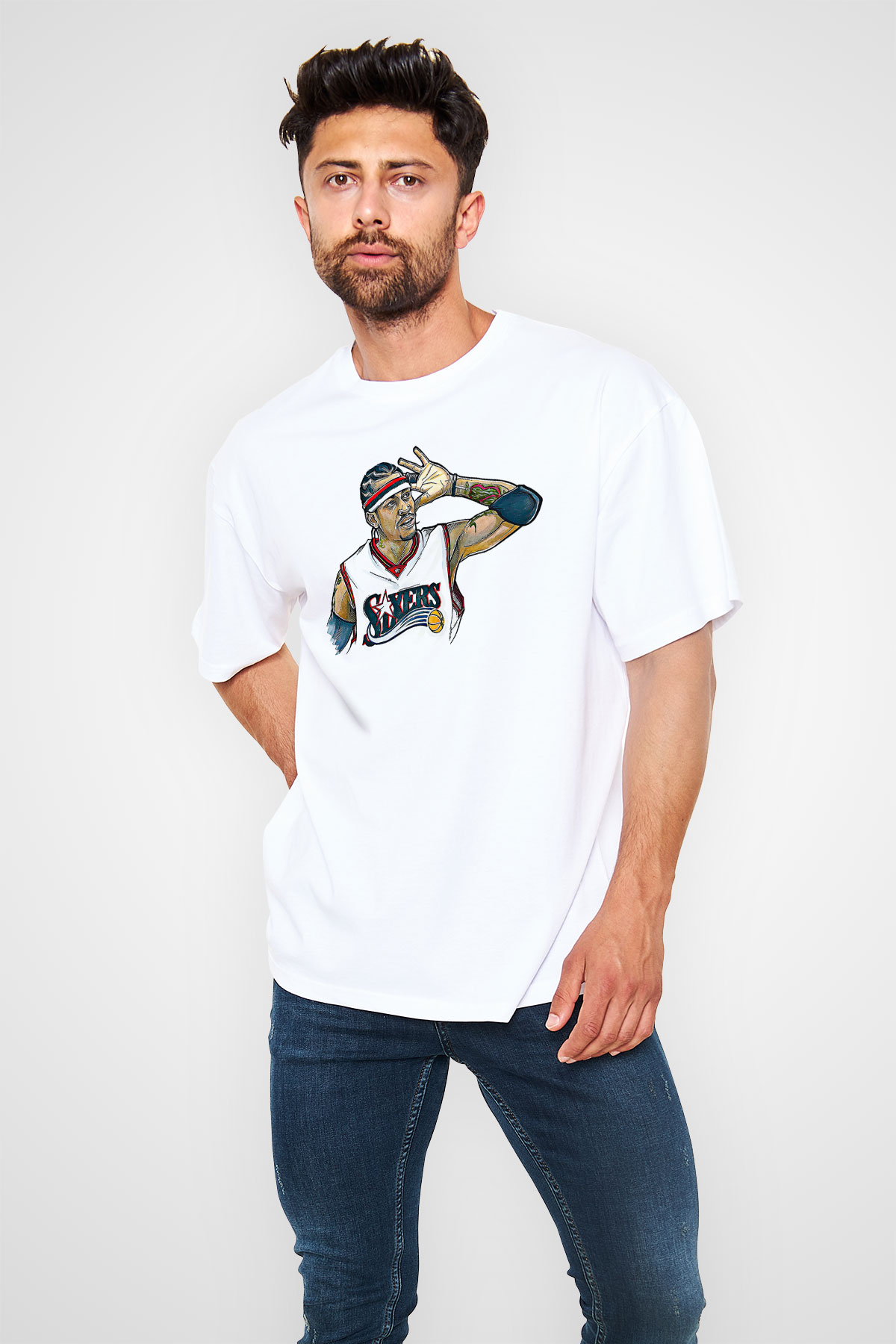 Allen Iverson Baskılı Beyaz Unisex Oversize Tişört - Tshirt