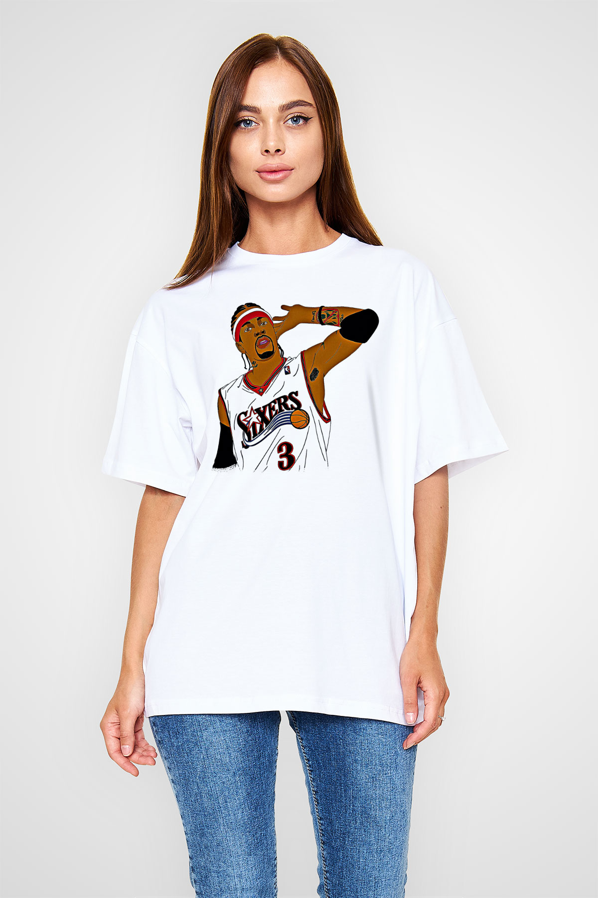Allen Iverson Baskılı Beyaz Unisex Oversize Tişört - Tshirt