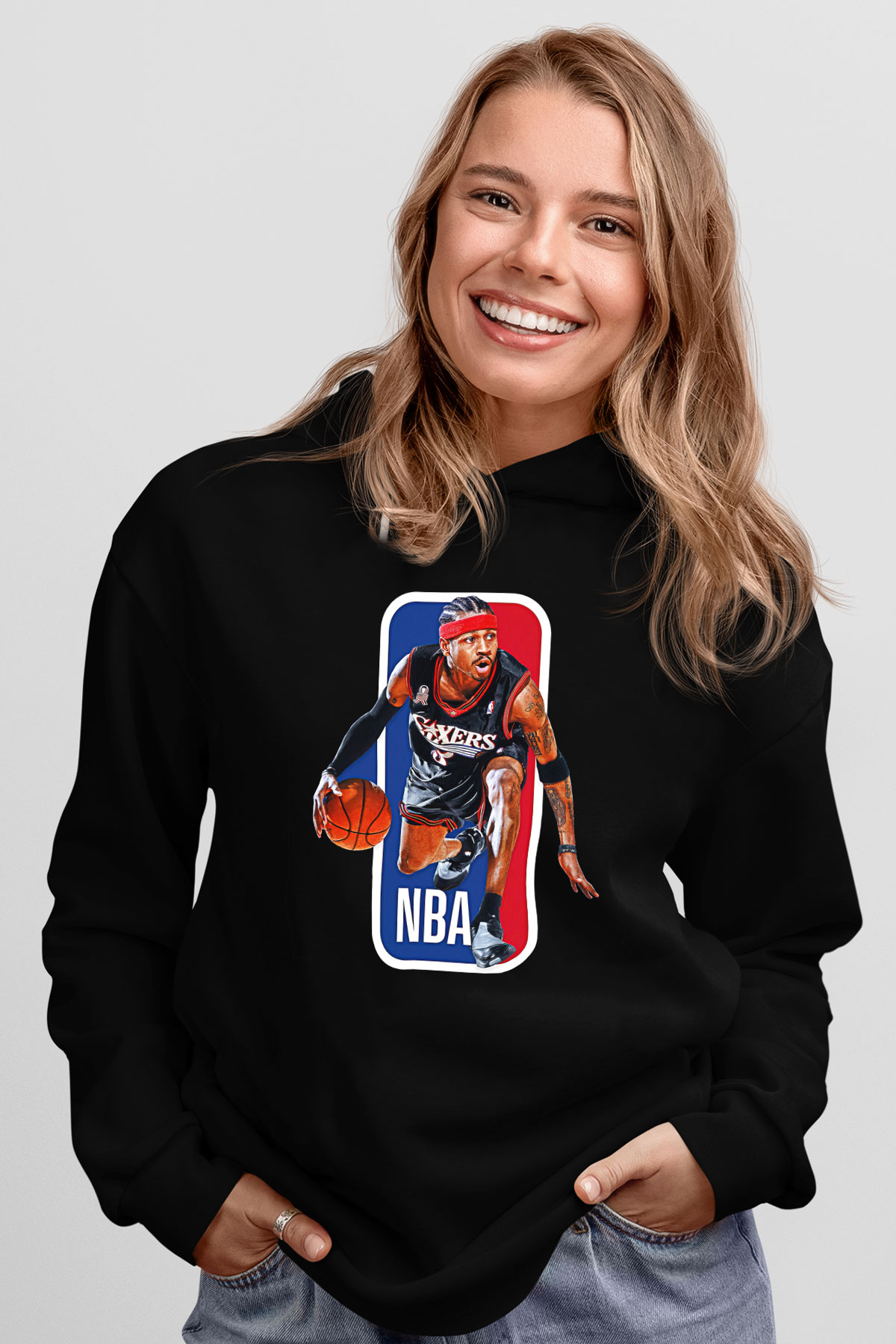 Allen Iverson Baskılı Unisex Siyah Kapüşonlu Sweatshirt