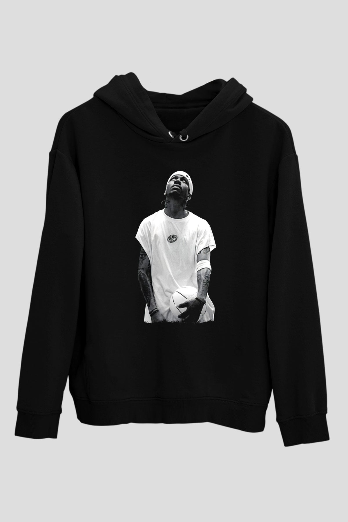 Allen Iverson Baskılı Unisex Siyah Kapüşonlu Sweatshirt