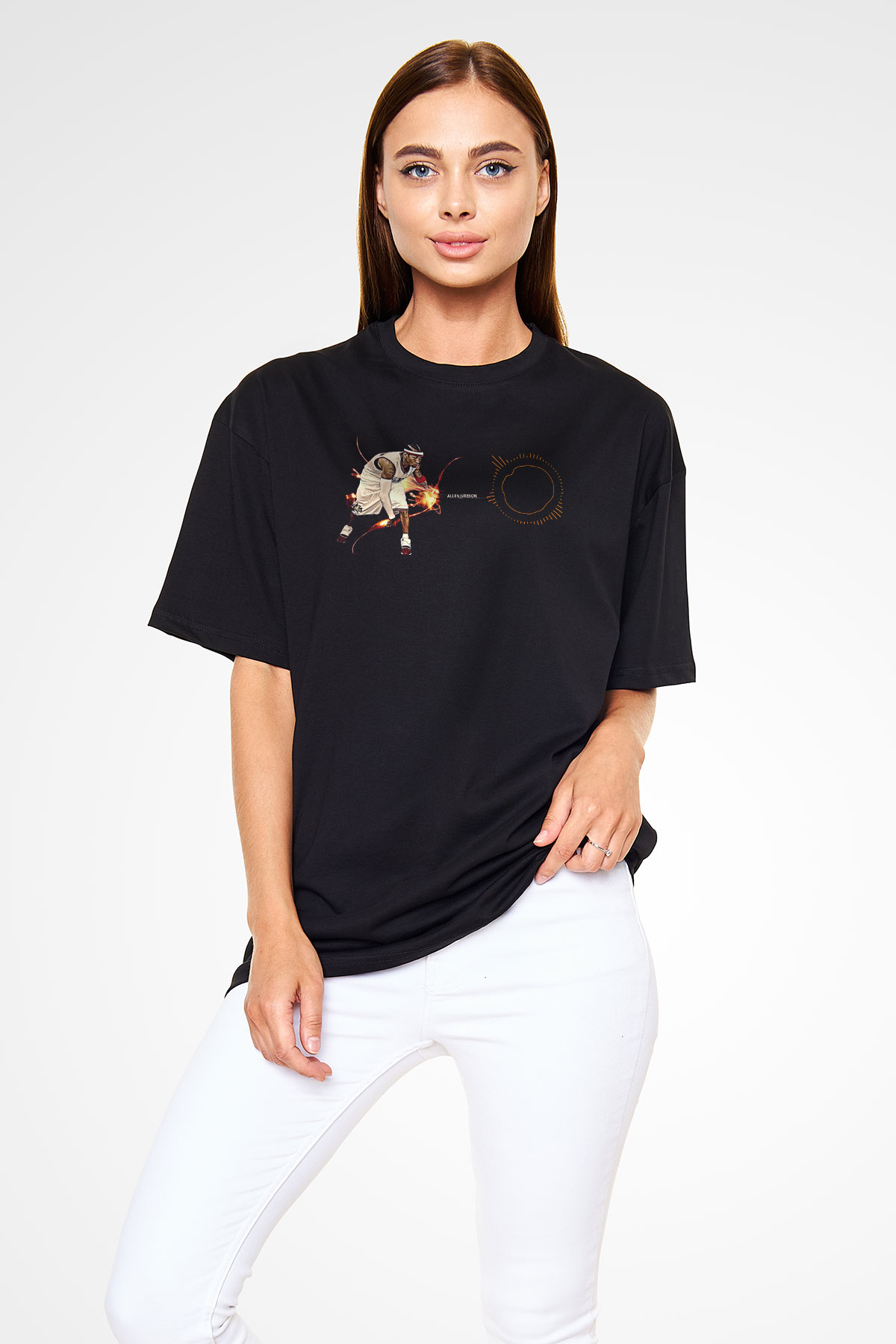 Allen Iverson Baskılı Unisex Siyah Oversize Tişört - Tshirt