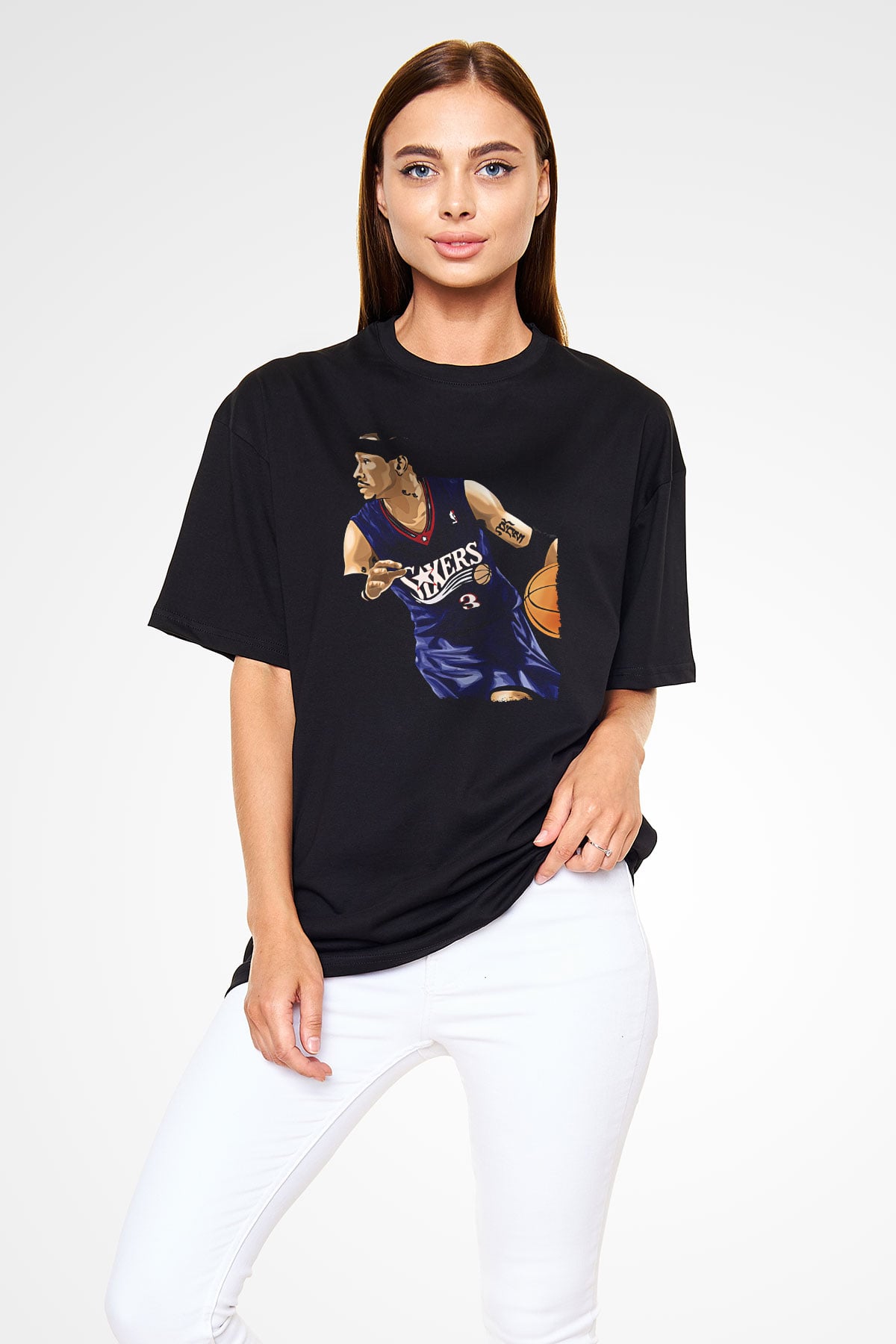 Allen Iverson Baskılı Unisex Siyah Oversize Tişört - Tshirt
