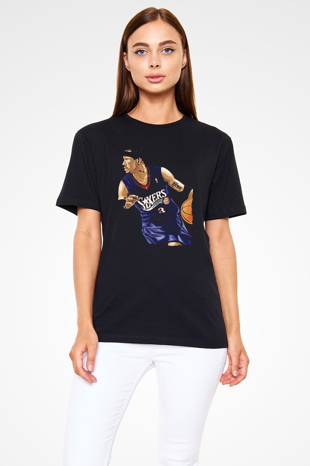 Allen Iverson Baskılı Unisex Siyah Tişört - Tshirt