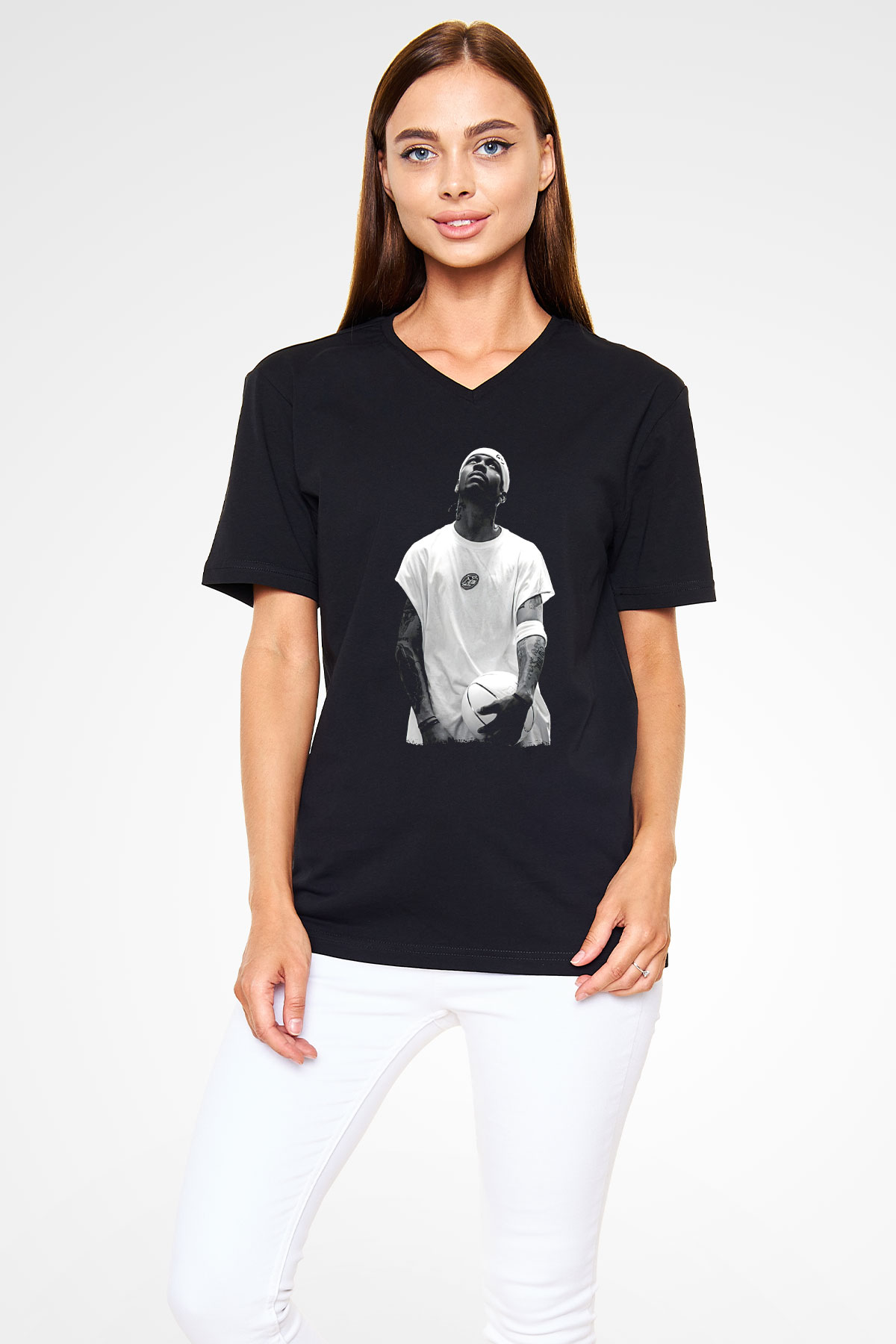 Allen Iverson Baskılı Unisex Siyah V Yaka Tişört - Tshirt