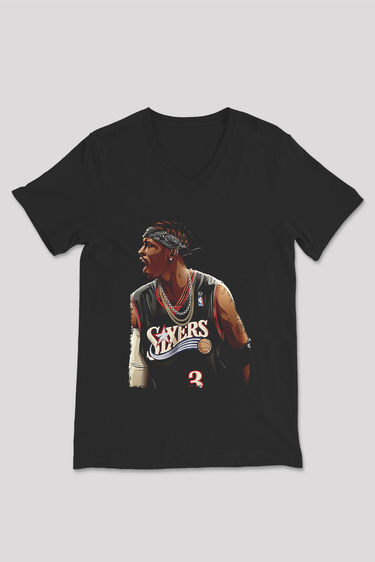 Allen Iverson Baskılı Unisex Siyah V Yaka Tişört - Tshirt