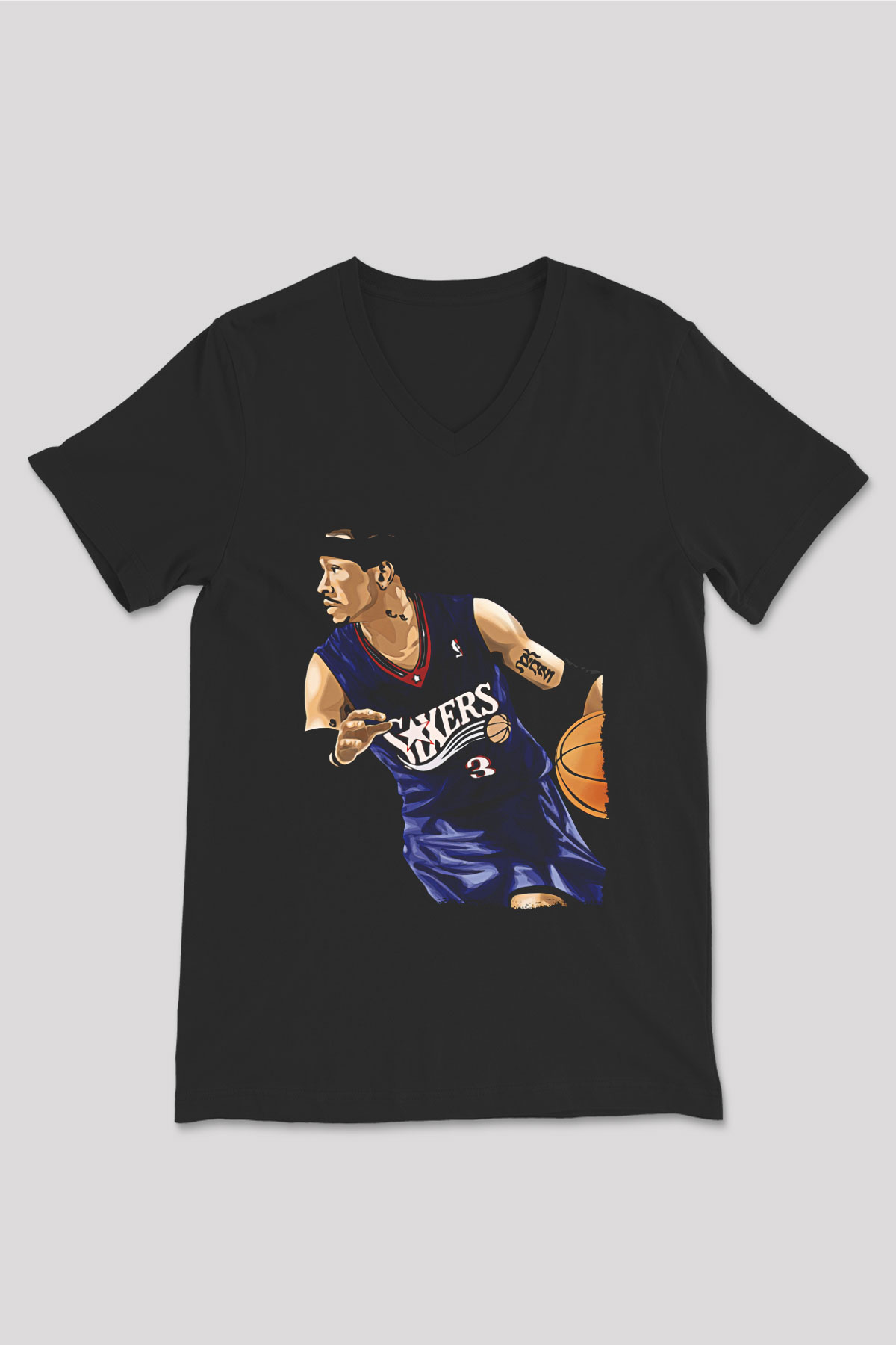 Allen Iverson Baskılı Unisex Siyah V Yaka Tişört - Tshirt