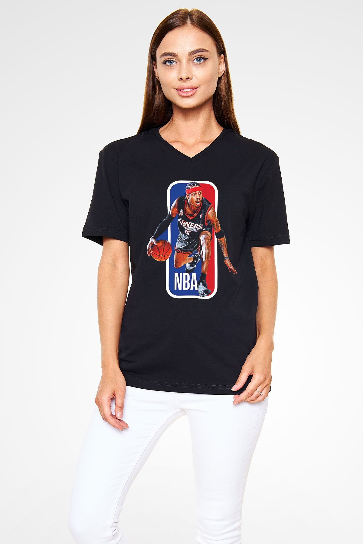 Allen Iverson Baskılı Unisex Siyah V Yaka Tişört - Tshirt