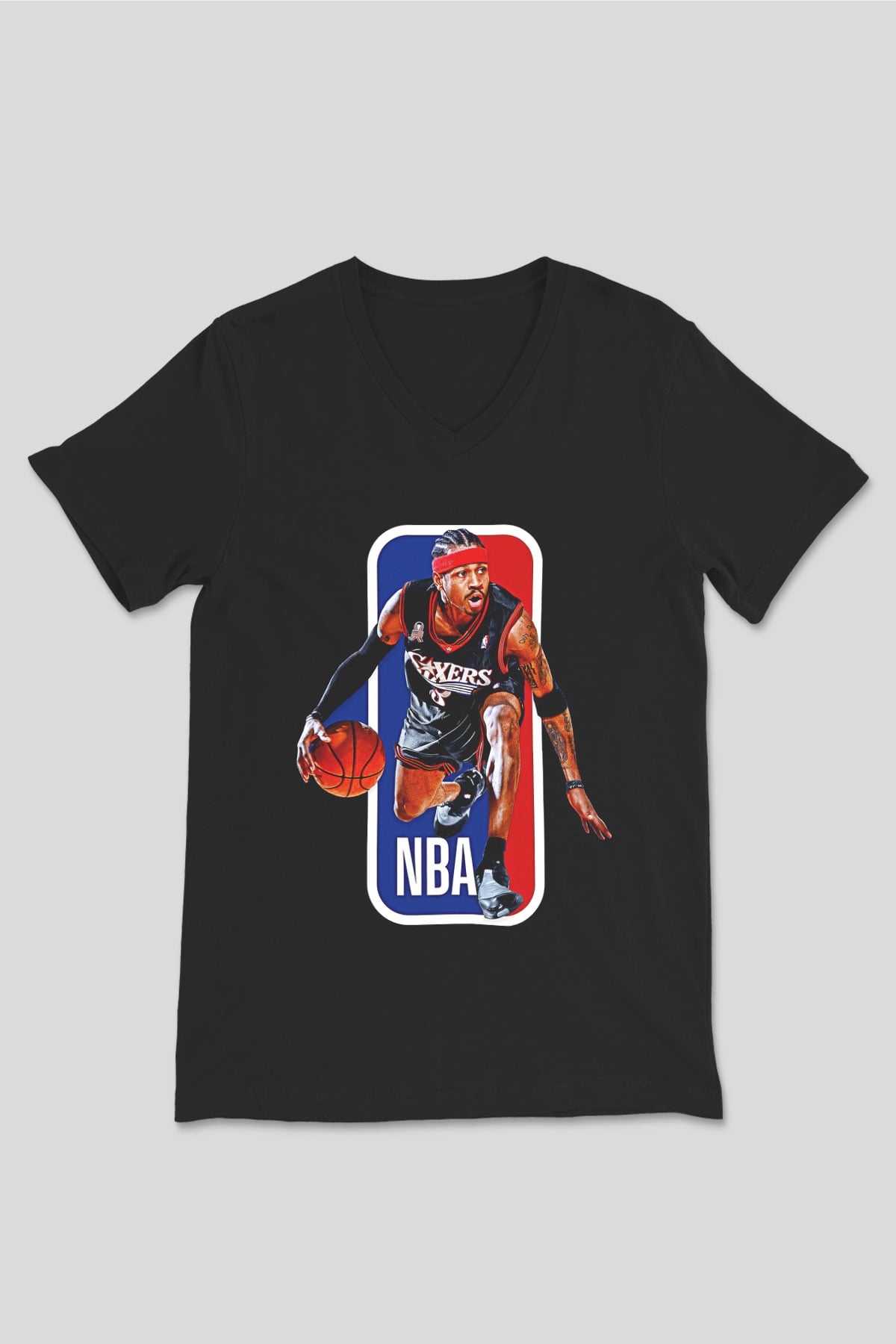 Allen Iverson Baskılı Unisex Siyah V Yaka Tişört - Tshirt