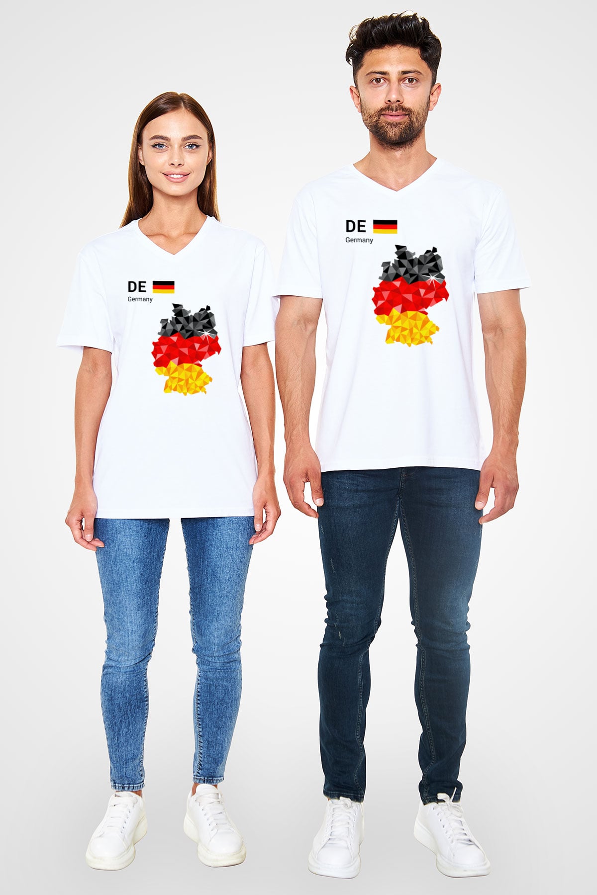 Almanya Beyaz Unisex V Yaka Tişört T-Shirt