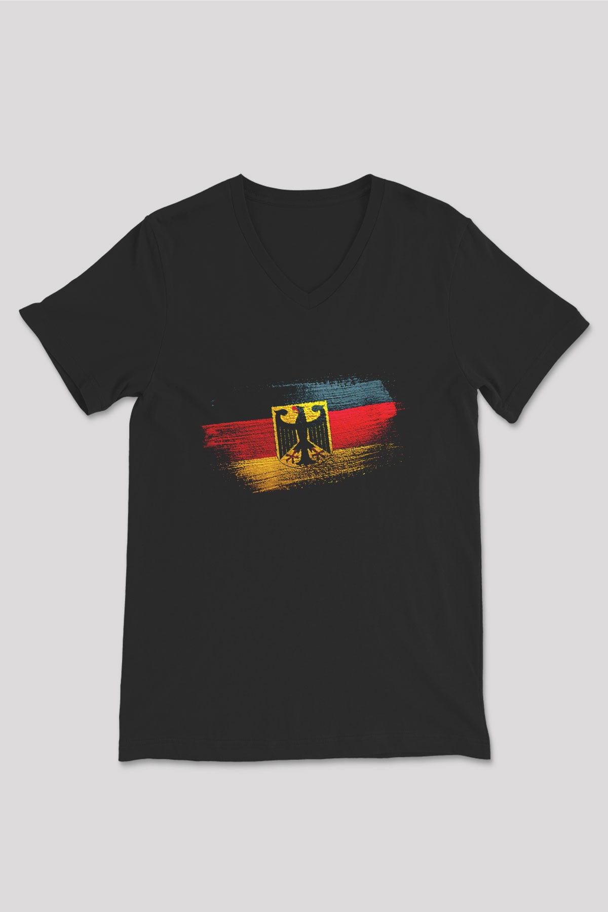 Almanya - Germany Bayrağı Baskılı Unisex Siyah V Yaka Tişört