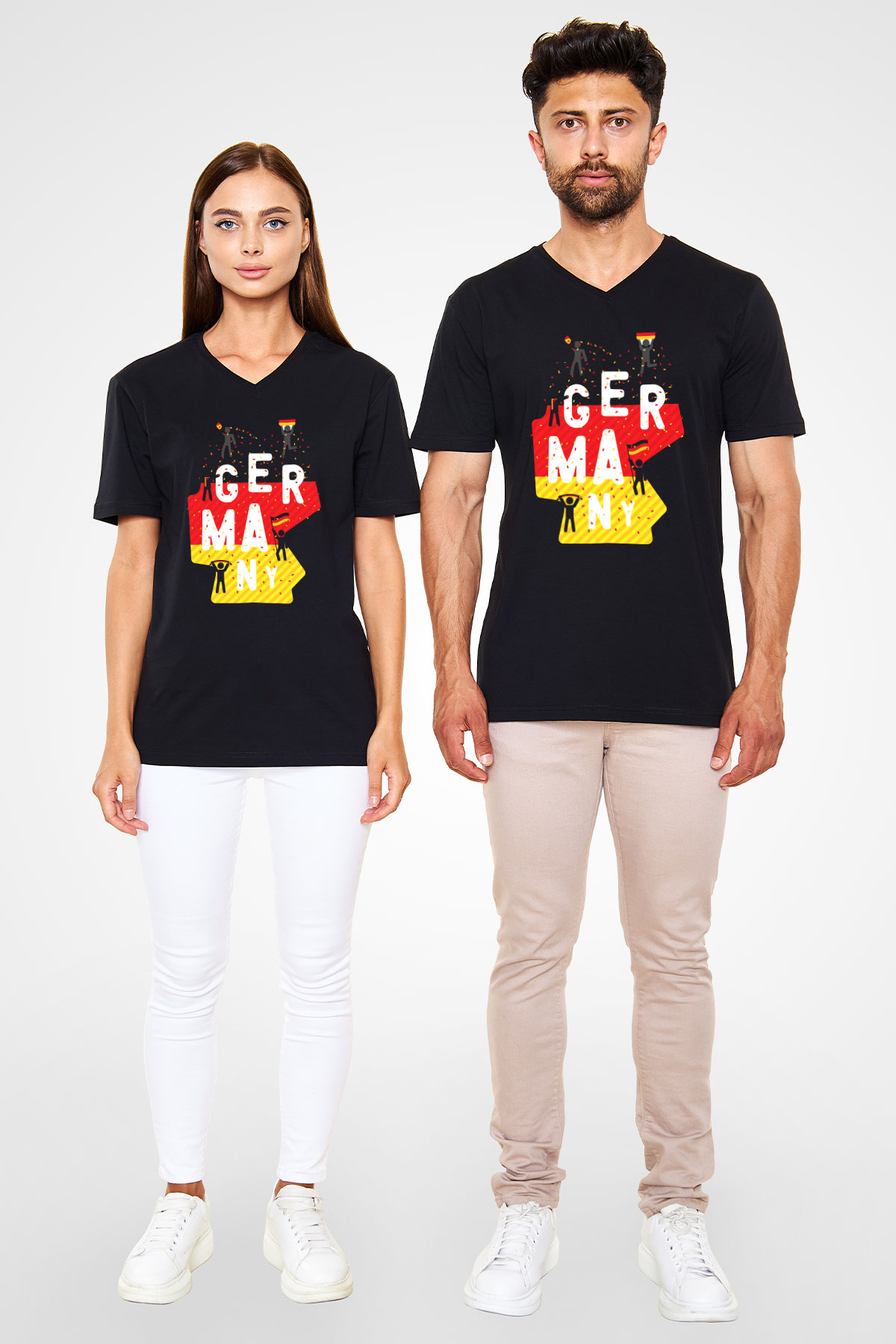 Almanya Siyah Unisex V Yaka Tişört T-Shirt