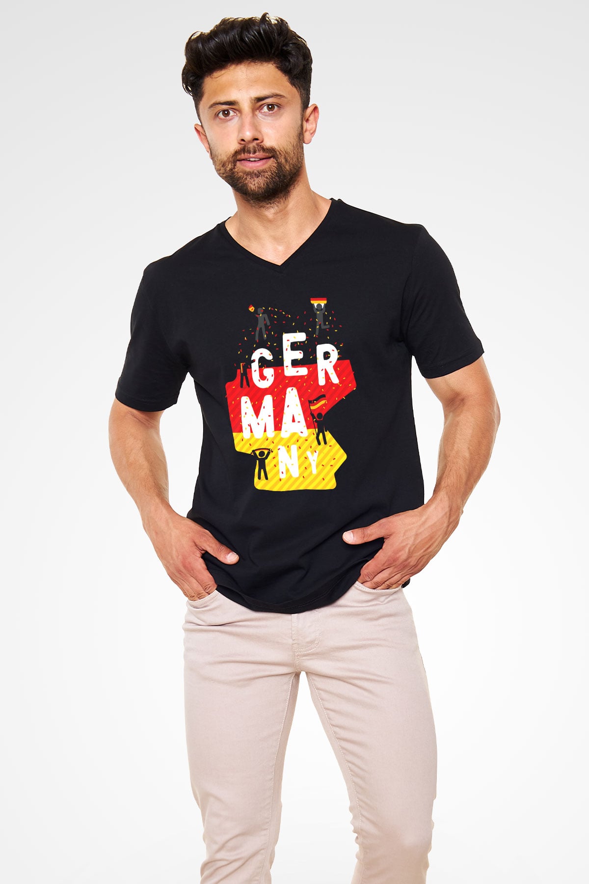 Almanya Siyah Unisex V Yaka Tişört T-Shirt