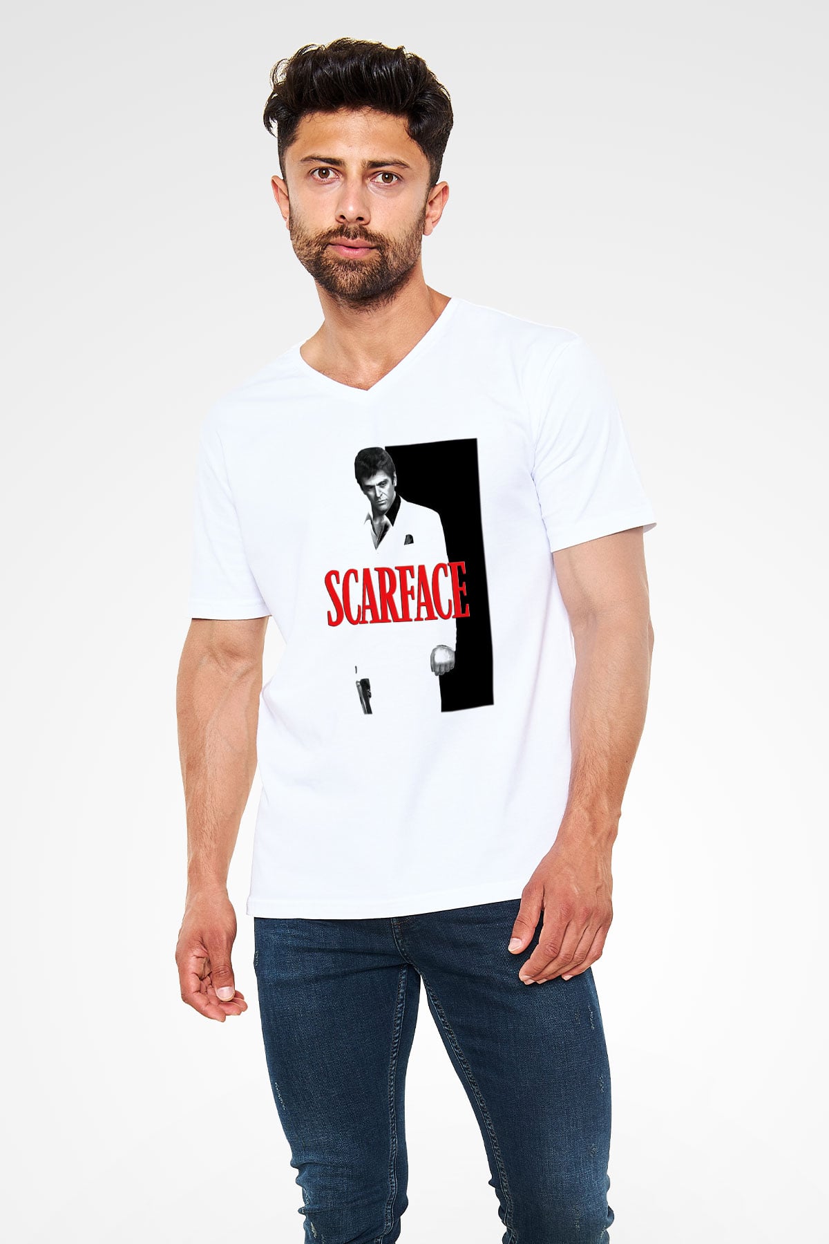 Alpacino Scarface Beyaz Unisex V Yaka Tişört T-Shirt