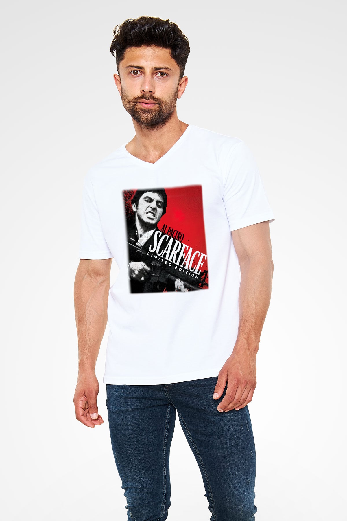 Alpacino Scarface Limited Edition Beyaz Unisex V Yaka Tişört T-Shirt