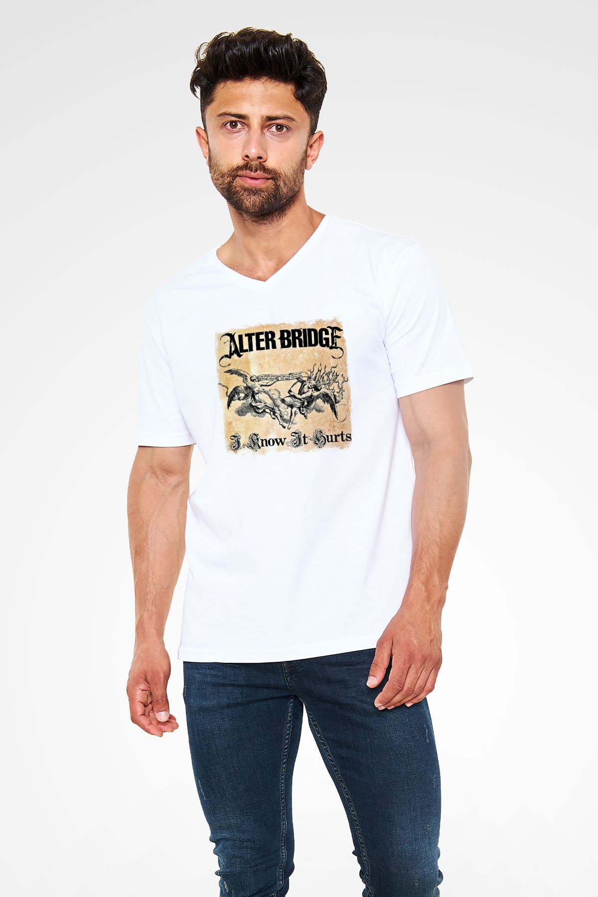 Alter Bridge Baskılı Unisex Beyaz V Yaka Tişört