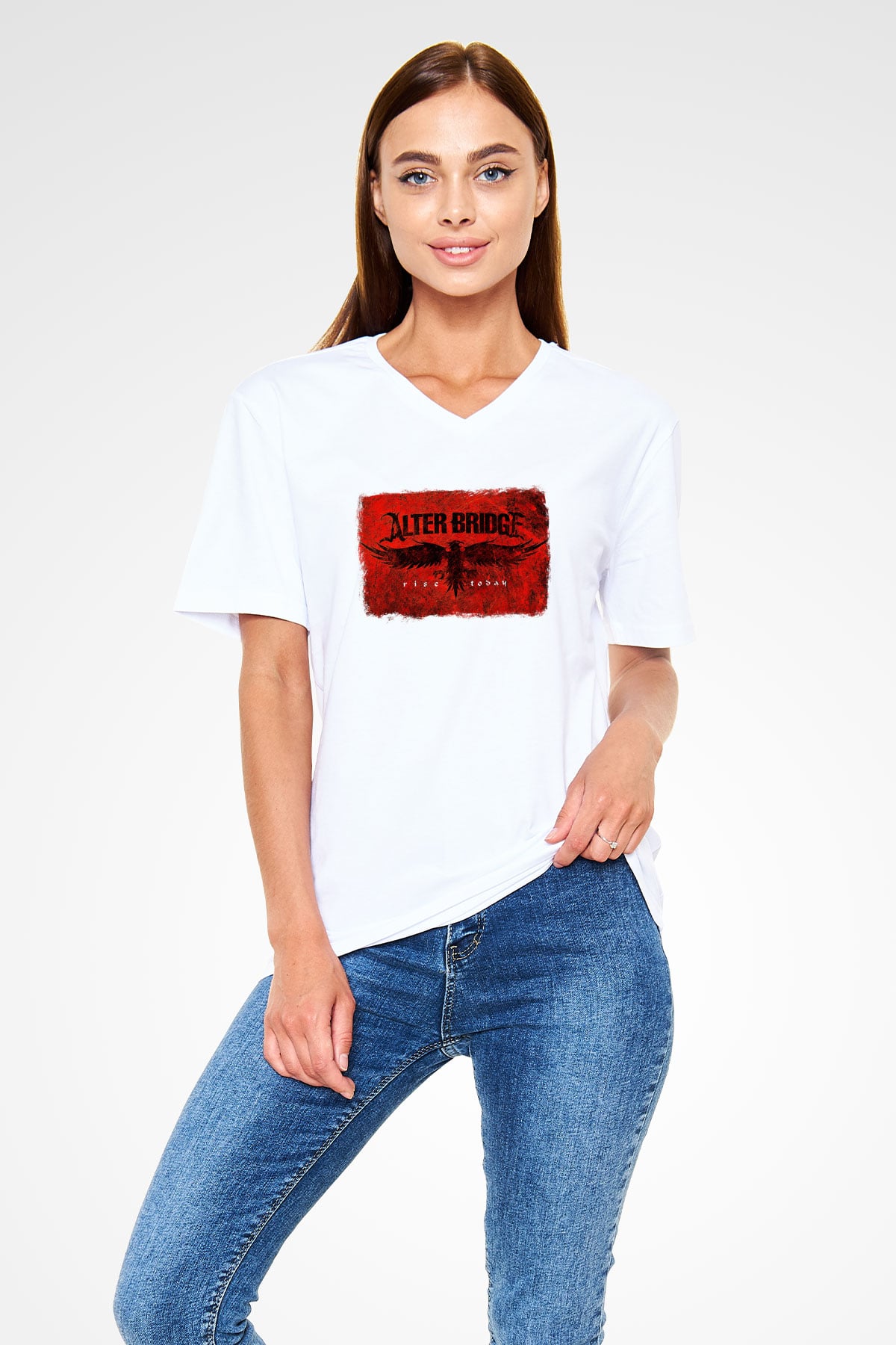 Alter Bridge Baskılı Unisex Beyaz V Yaka Tişört